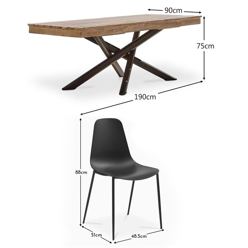 Amelia 190cm Rectangular Dining Table - Brushed Light Acacia & 6 x Wren Garden Dining Chairs - Black - Laura James