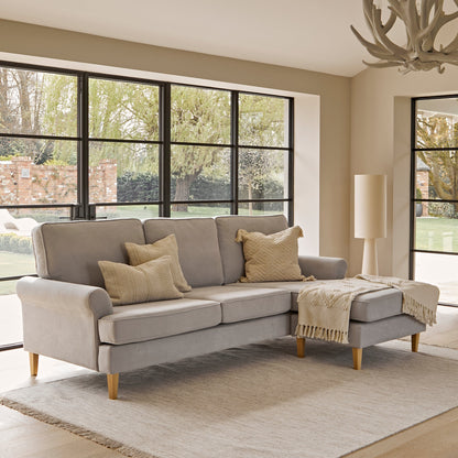 Annabelle corner sofa with chaise Cloud Grey with Pale Oak Legs - Laura James