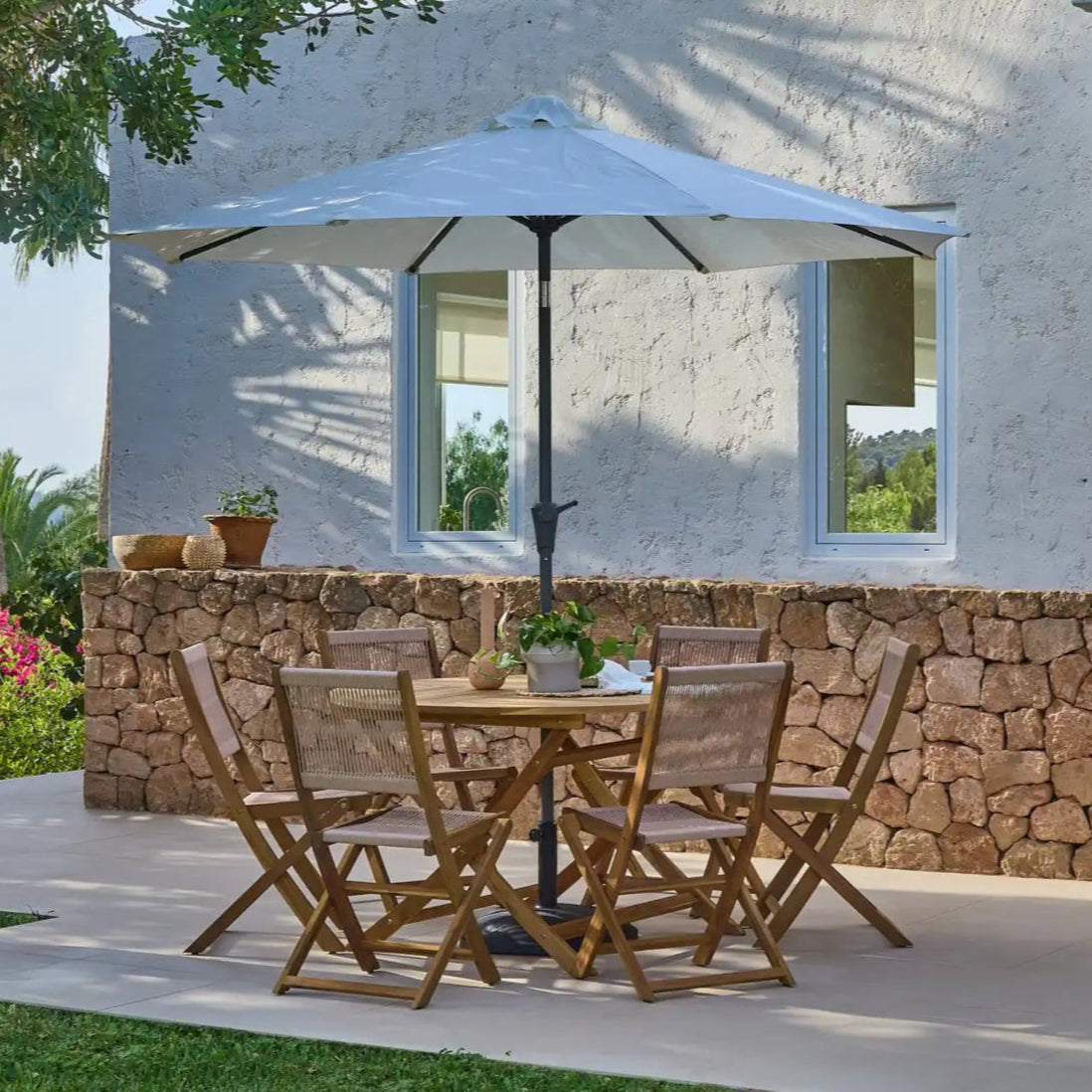 Ashby Wooden Round Folding Table Set with 6 x Cove Dining Chairs with Cream Parasol - Laura James