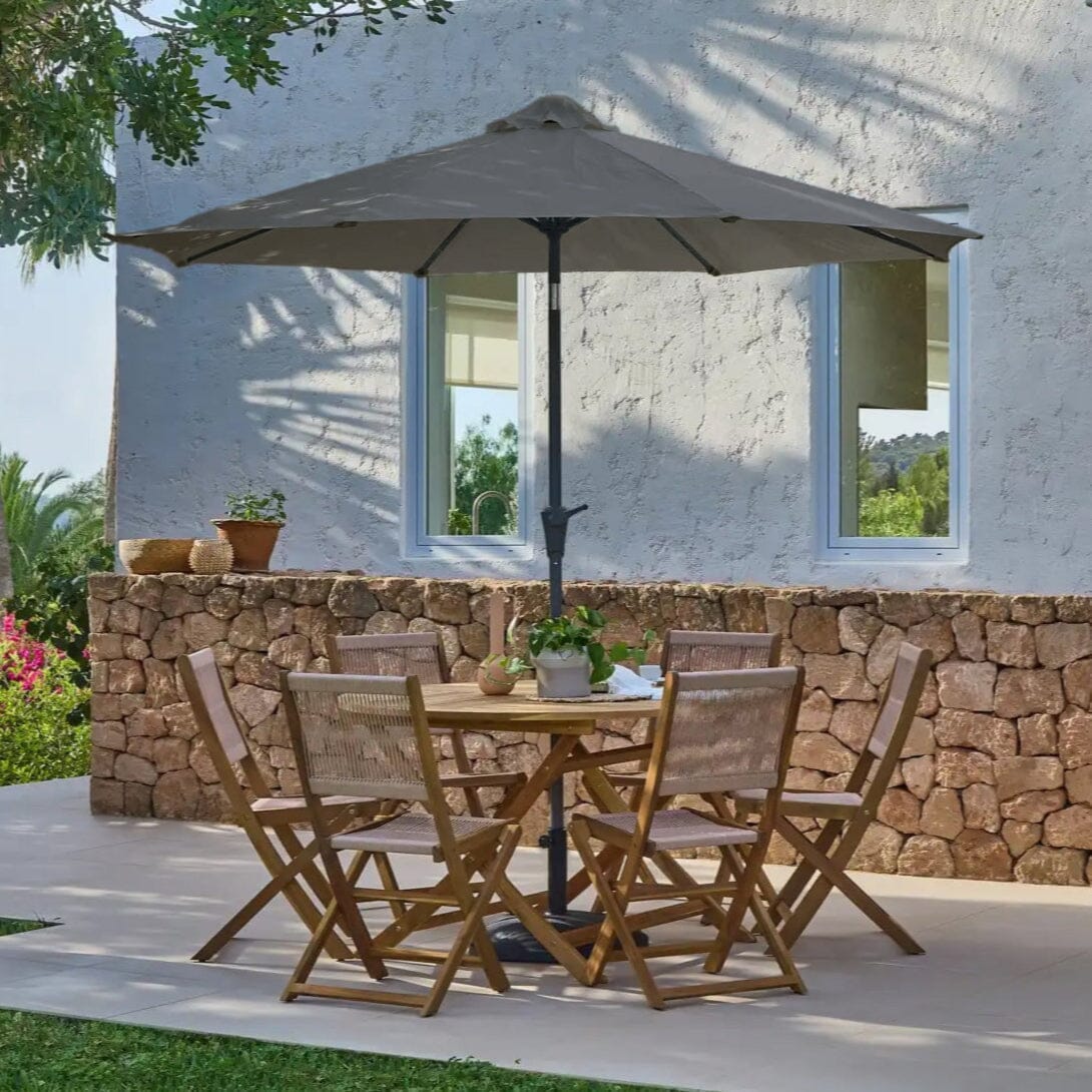 Ashby Wooden Round Folding Table Set with 6 x Cove Dining Chairs with Round Parasol - Grey - Laura James