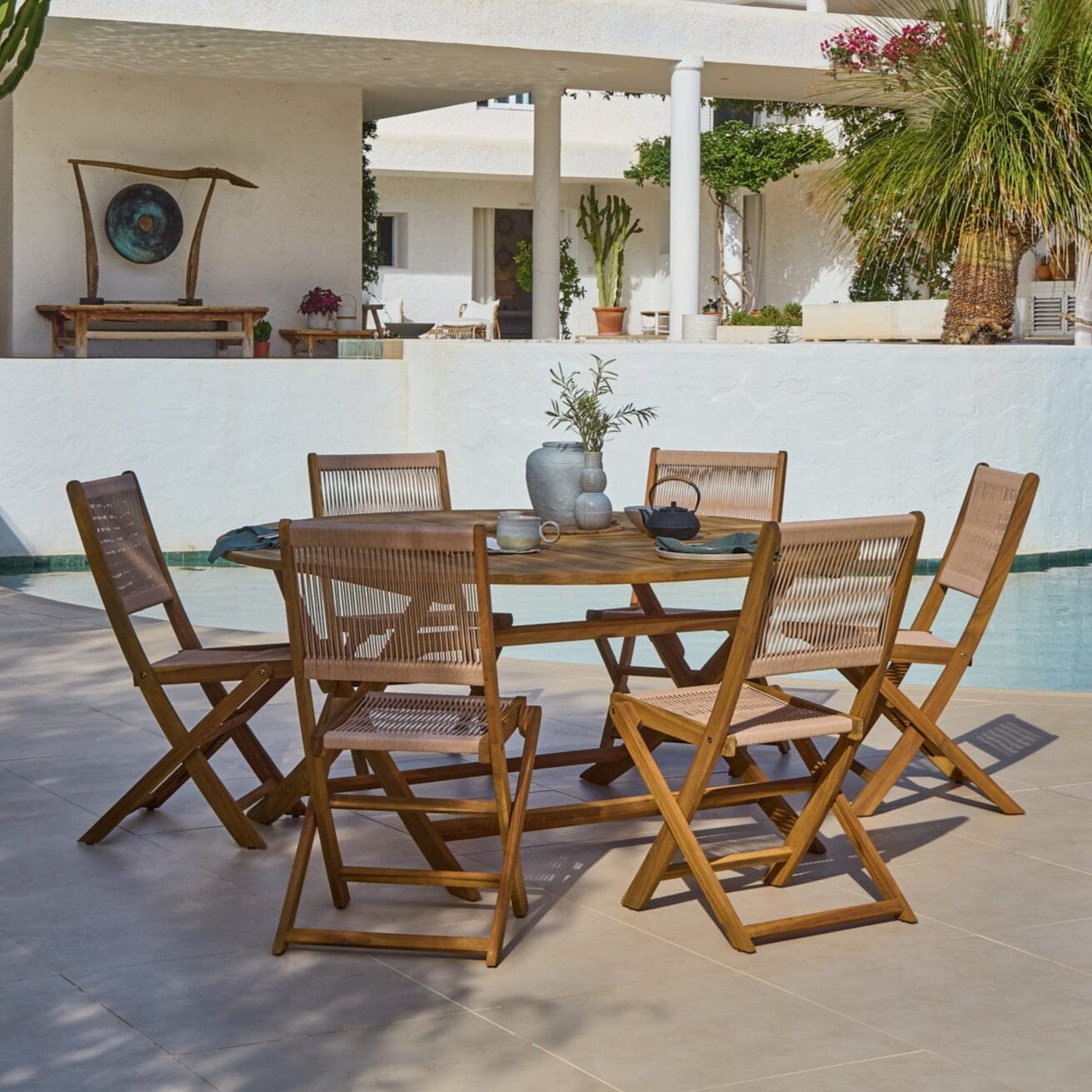 Ashby Wooden Round Folding Table Set with Cove Rope Garden Dining Chairs - Laura James