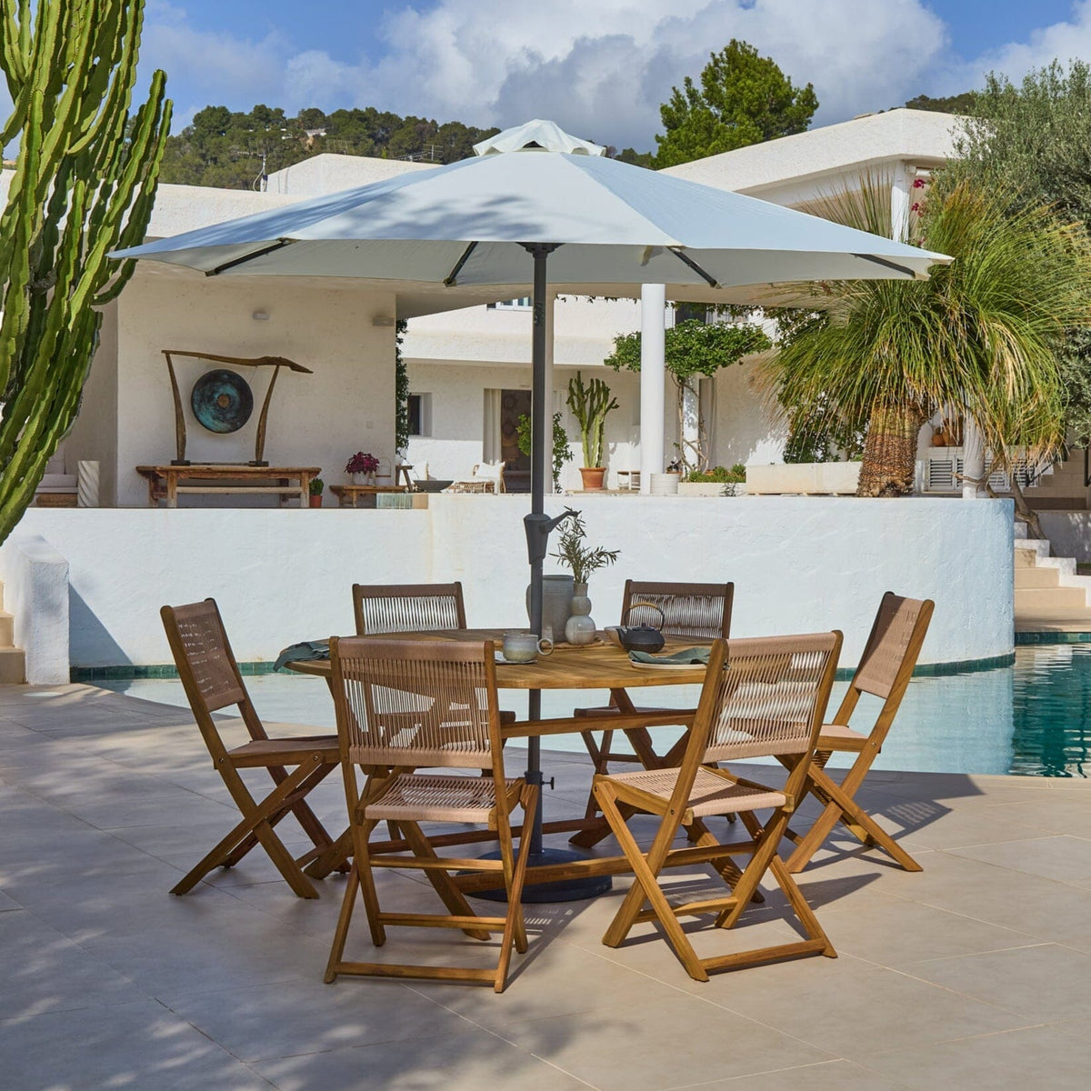 Ashby Wooden Round Folding Table Set with Cove Dining Chairs with 3m Round Parasol - Cream