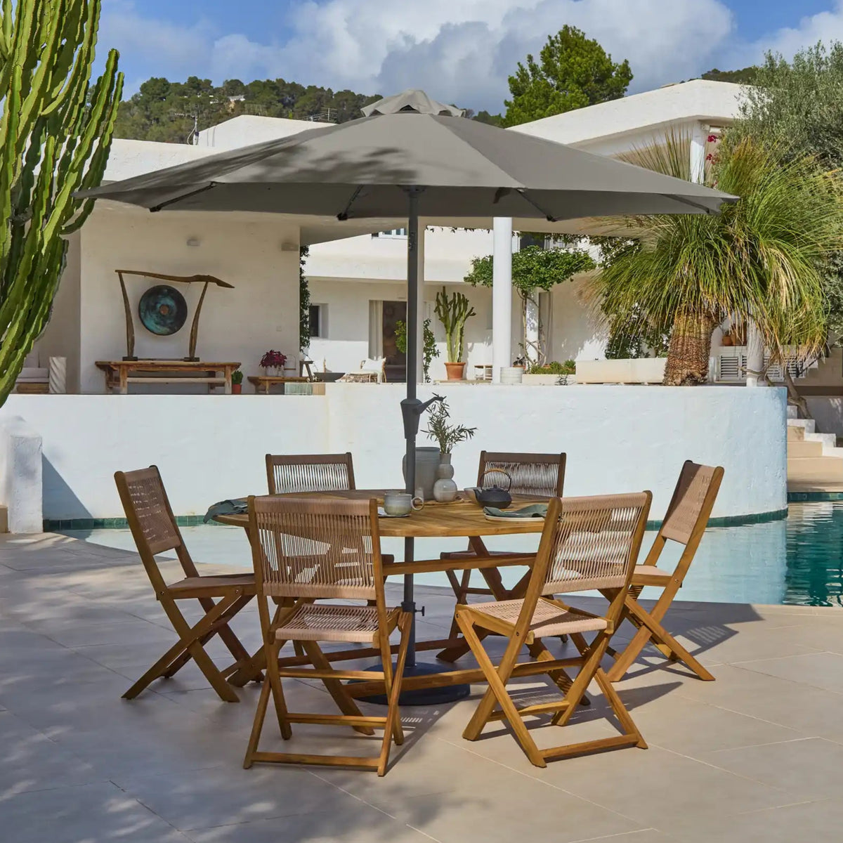 Ashby Wooden Round Folding Table Set with 6 Cove Dining Chairs with 3m Round Parasol - Grey - Laura James