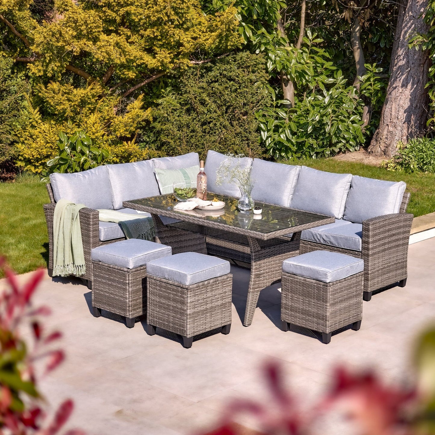 Aston 9 Seater Rattan Corner Sofa Set with Glass Table Top - Grey - Laura James