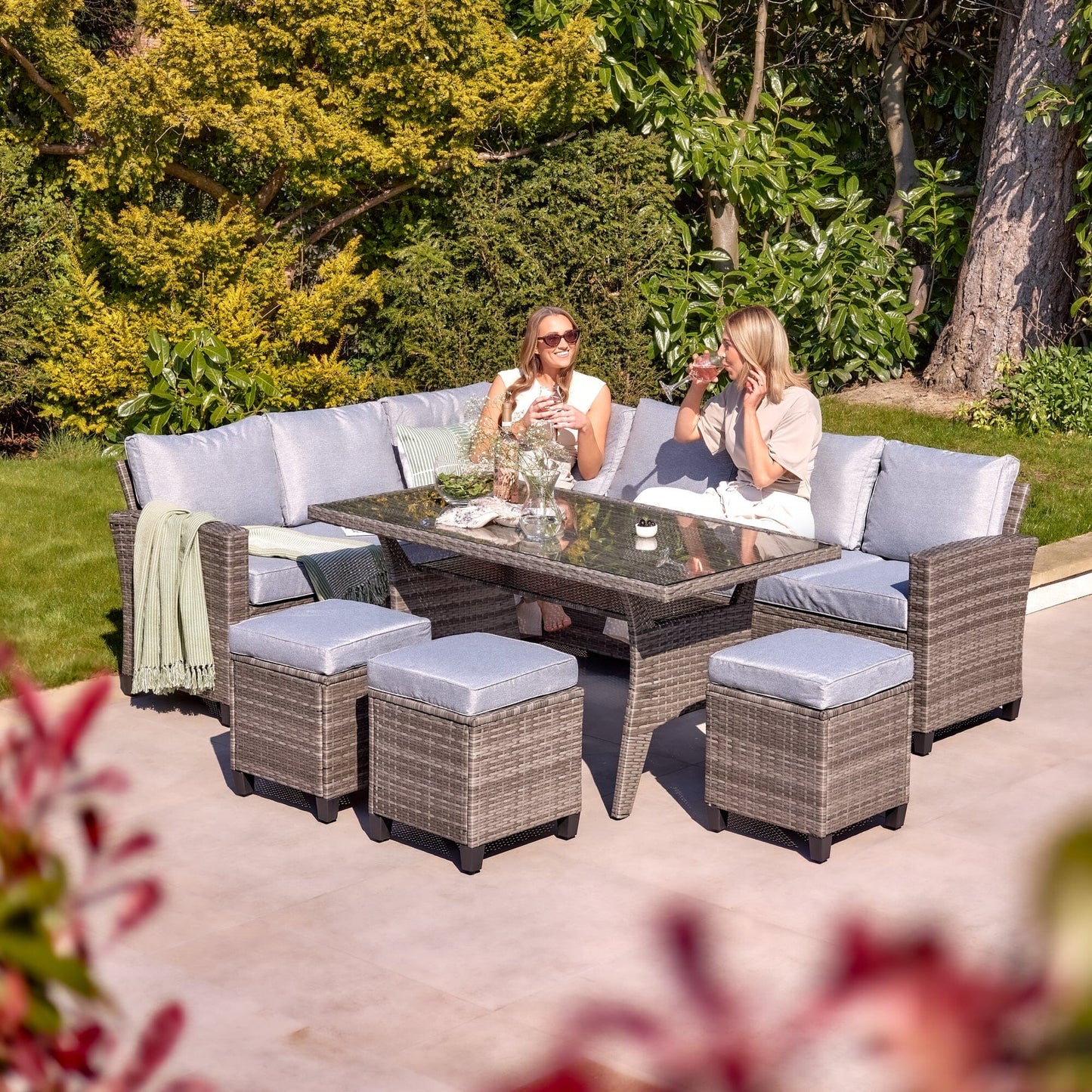 Aston 9 Seater Rattan Corner Sofa Set with Glass Table Top - Grey - Laura James