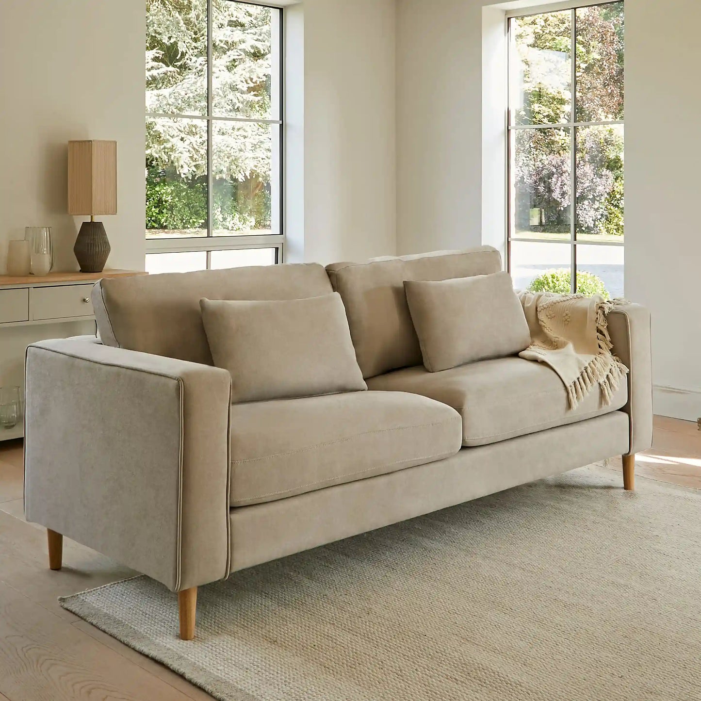 Emily Beige 3 Seater Sofa with Pale Oak Legs - Laura James