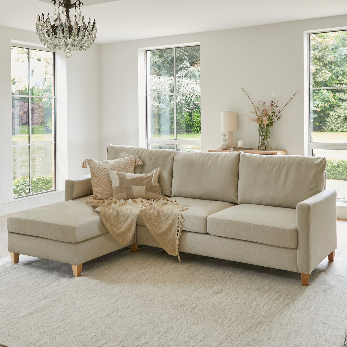 Ava Large Chaise Corner Sofa - Left Hand - Sand with Pale Oak Legs