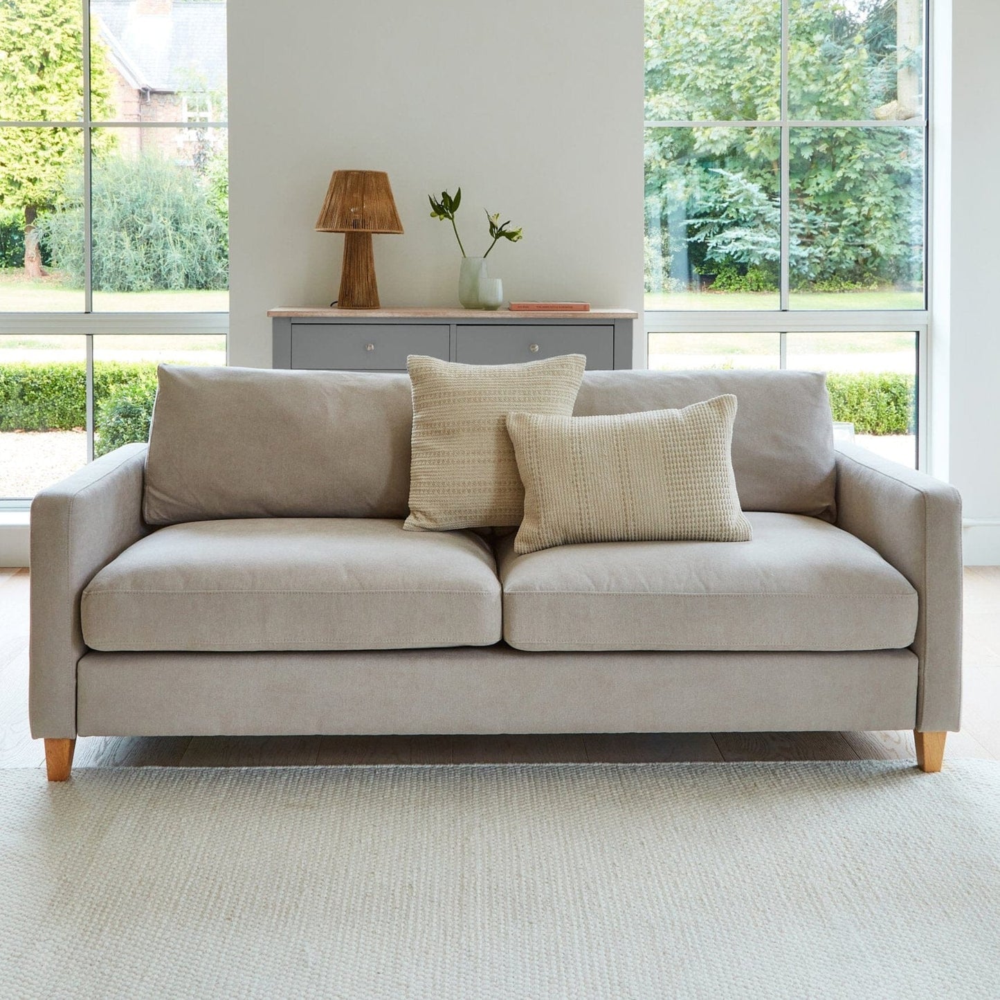 Ava 3 Seater Sofa - Soft Beige with Pale Oak Legs - Laura James