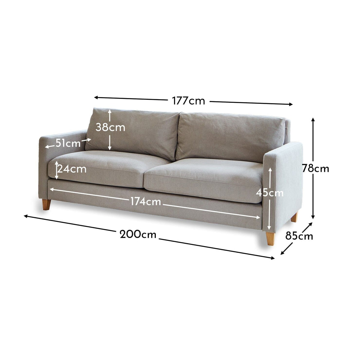 Ava 3 Seater Sofa - Soft Beige with Pale Oak Legs - Laura James