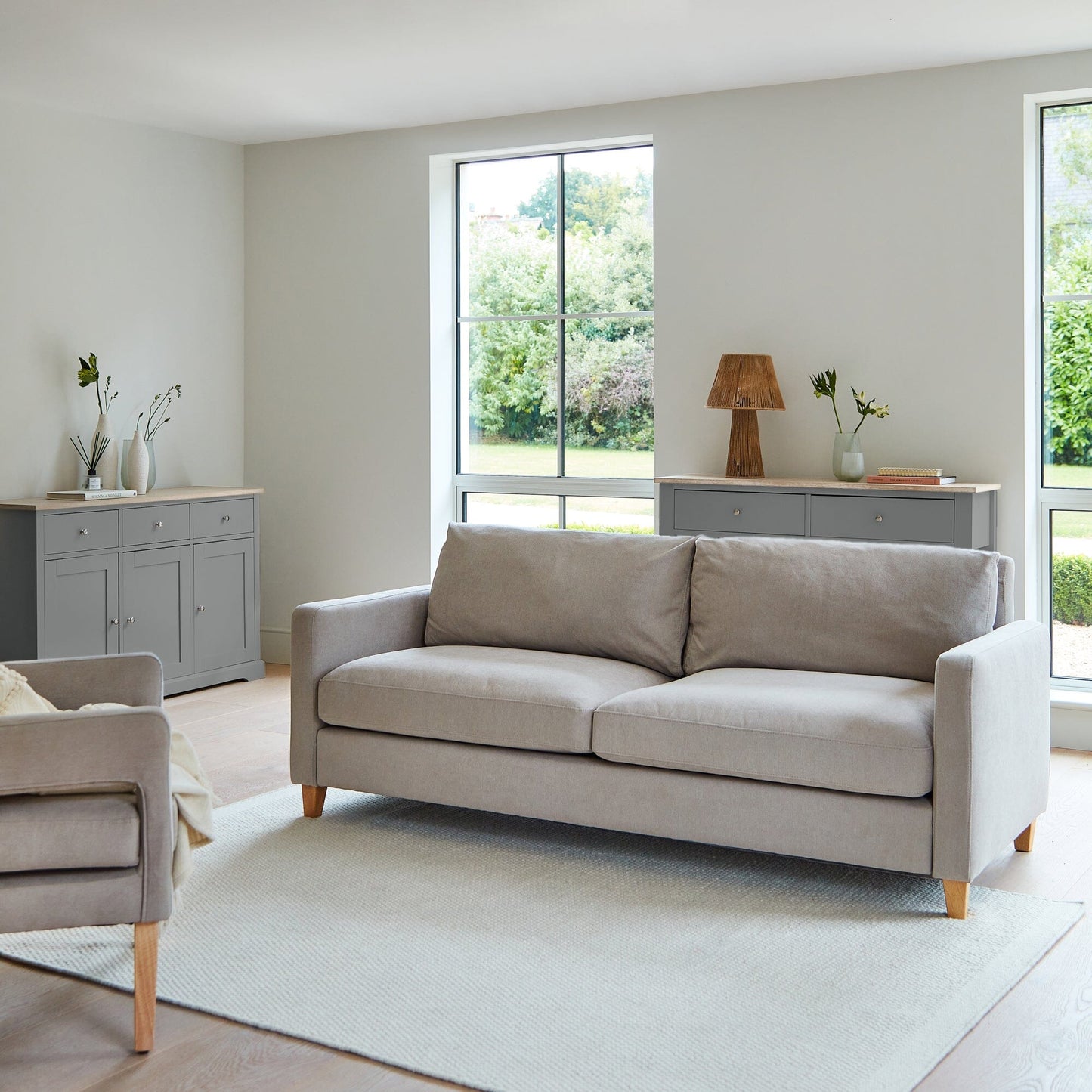 Ava 3 Seater Sofa - Soft Beige with Pale Oak Legs - Laura James