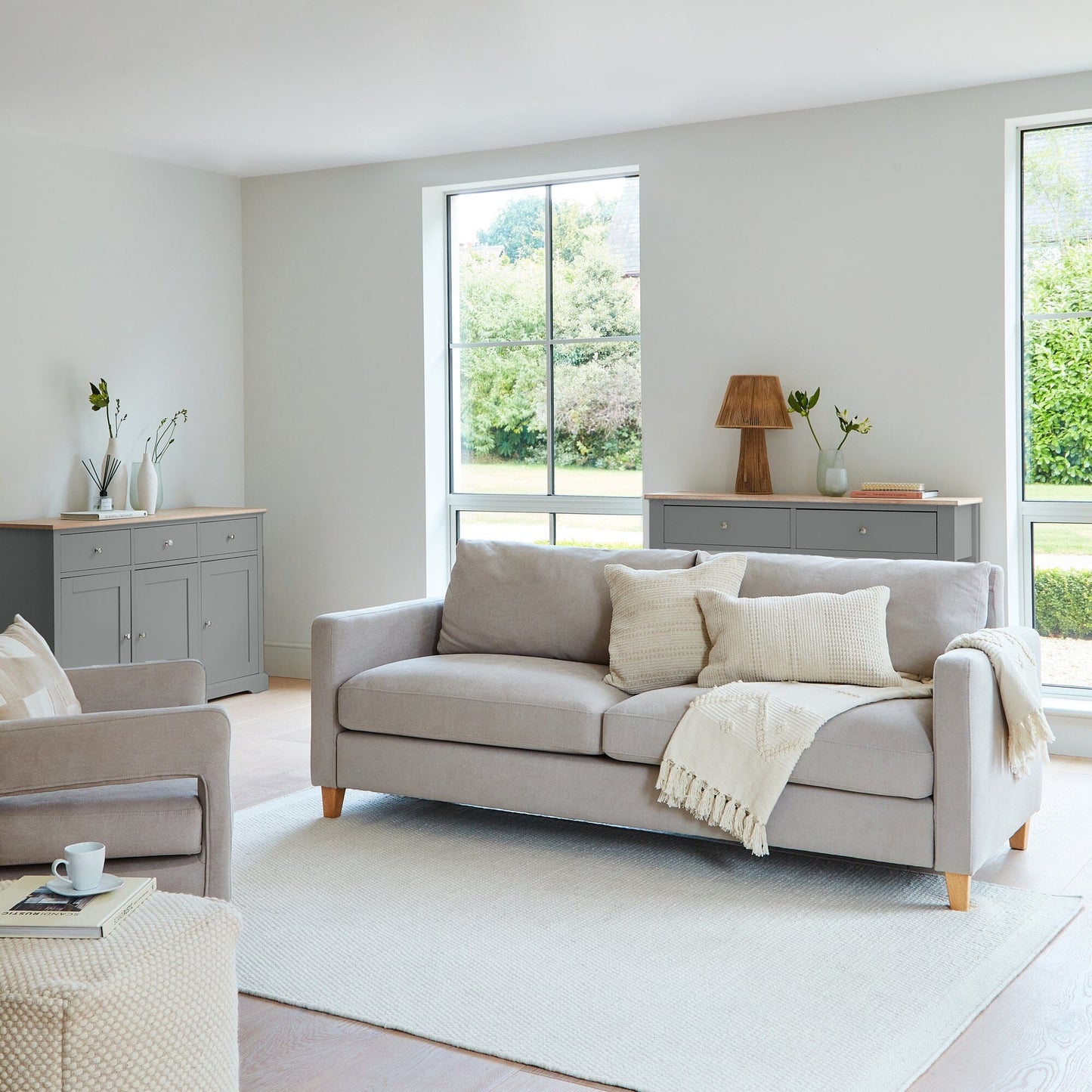 Ava 3 Seater Sofa - Soft Beige with Pale Oak Legs - Laura James