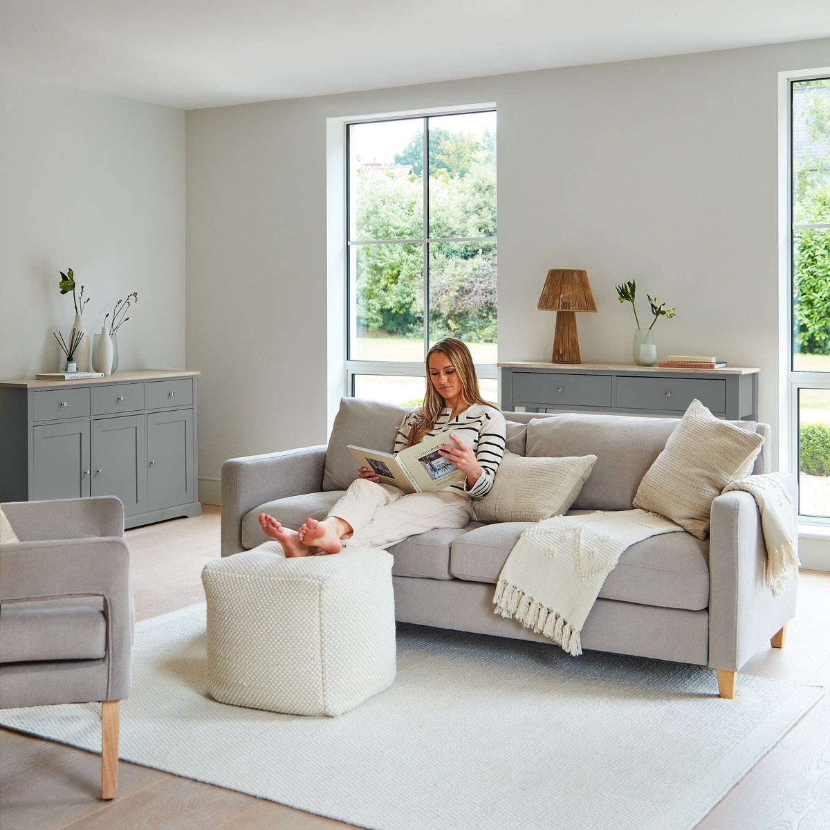 Ava 3 Seater Sofa - Soft Beige with Pale Oak Legs - Laura James