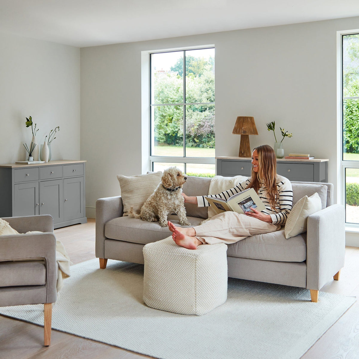 Ava 3 Seater Sofa - Soft Beige with Pale Oak Legs - Laura James