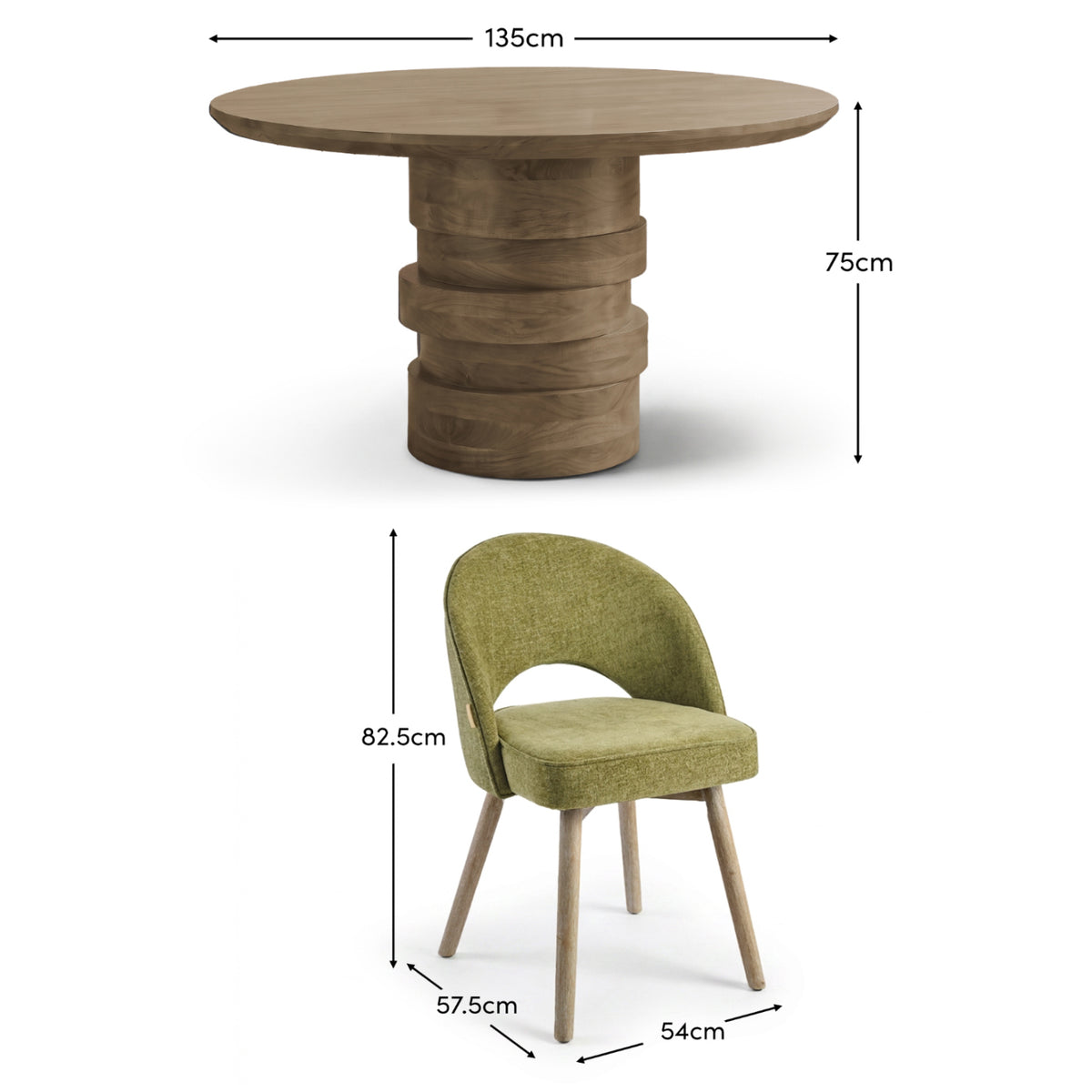 Adam 135cm Almond Brown Round Dining Table Set - 4 Seater - Marilyn Moss Green Dining Chairs - Almond Brown Legs - Laura James