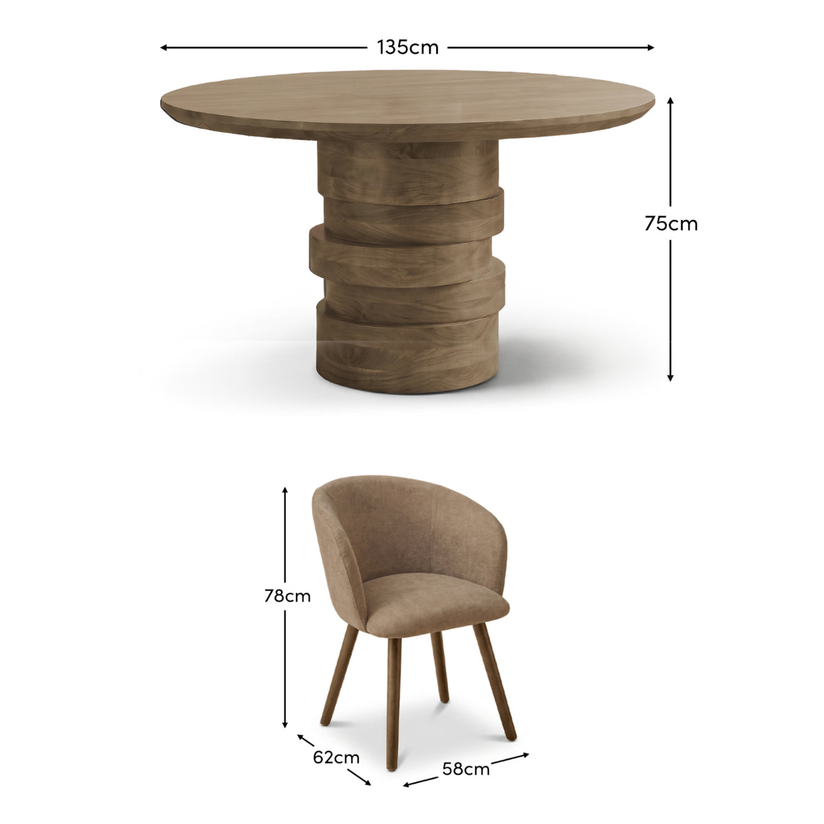 Adam 135cm Almond Brown Round Dining Table Set - 4 Seater - Archer Natural Brown Dining Chairs - Almond Brown Legs - Laura James