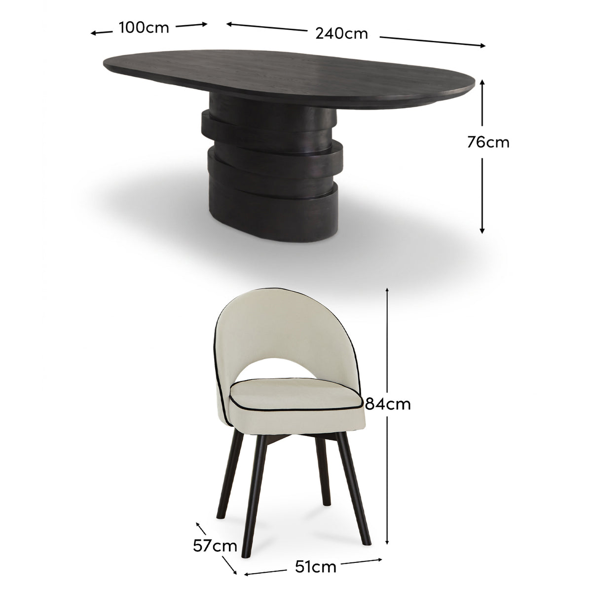Adam 240cm Jet Black Mango Wood Oval Dining Table Set - 8 Seater - Marilyn Ivory with Jet Black Piping Dining Chairs - Black Oak Legs - Laura James