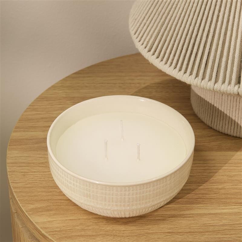 Alderney Three Wick 13cm Ceramic Candle - Oud Wood & Rose In Textured Clay - Laura James