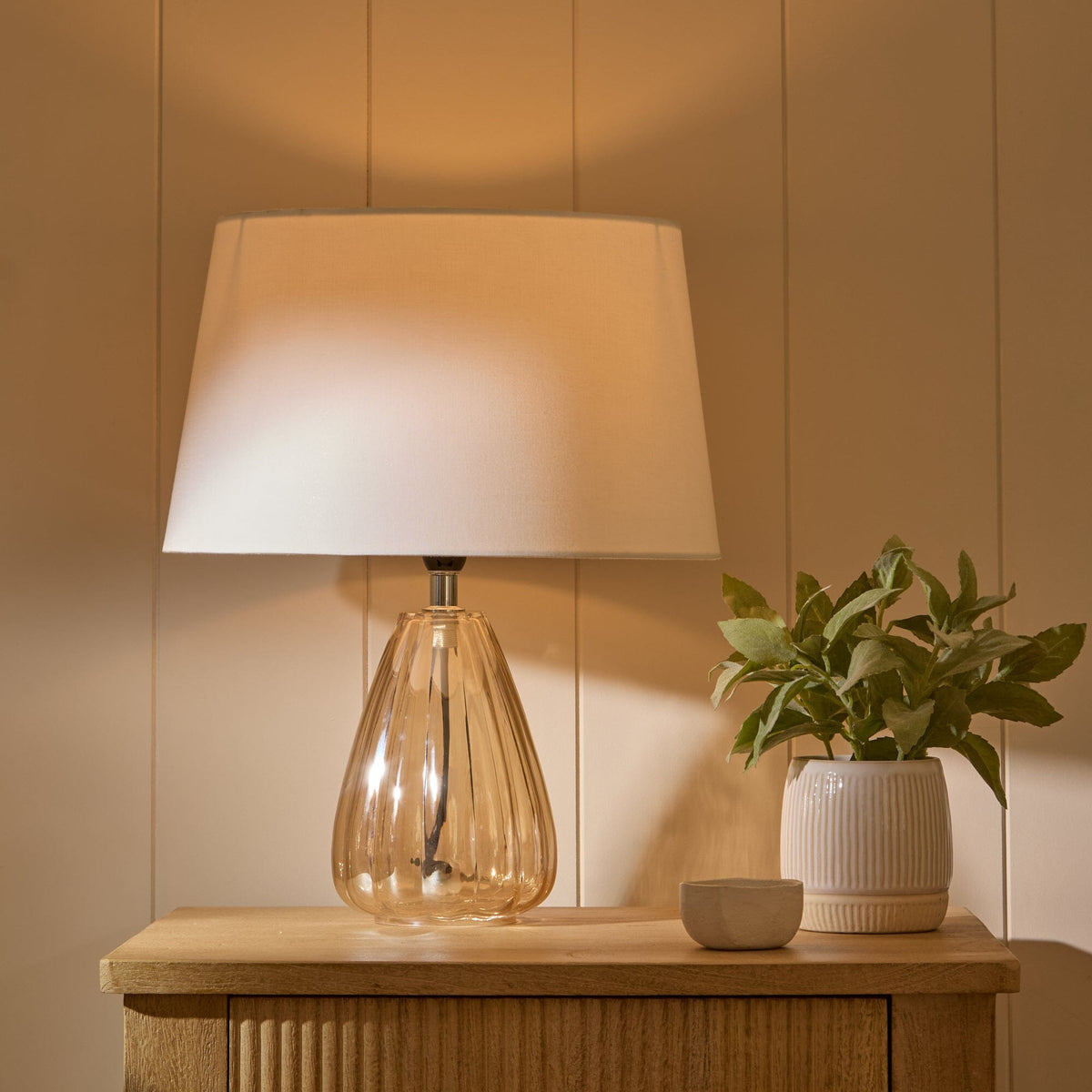 Alma 23cm Glass Lamp Base - Champagne & Coningsby 30cm Cotton Lamp Shade - Snow White - Laura James
