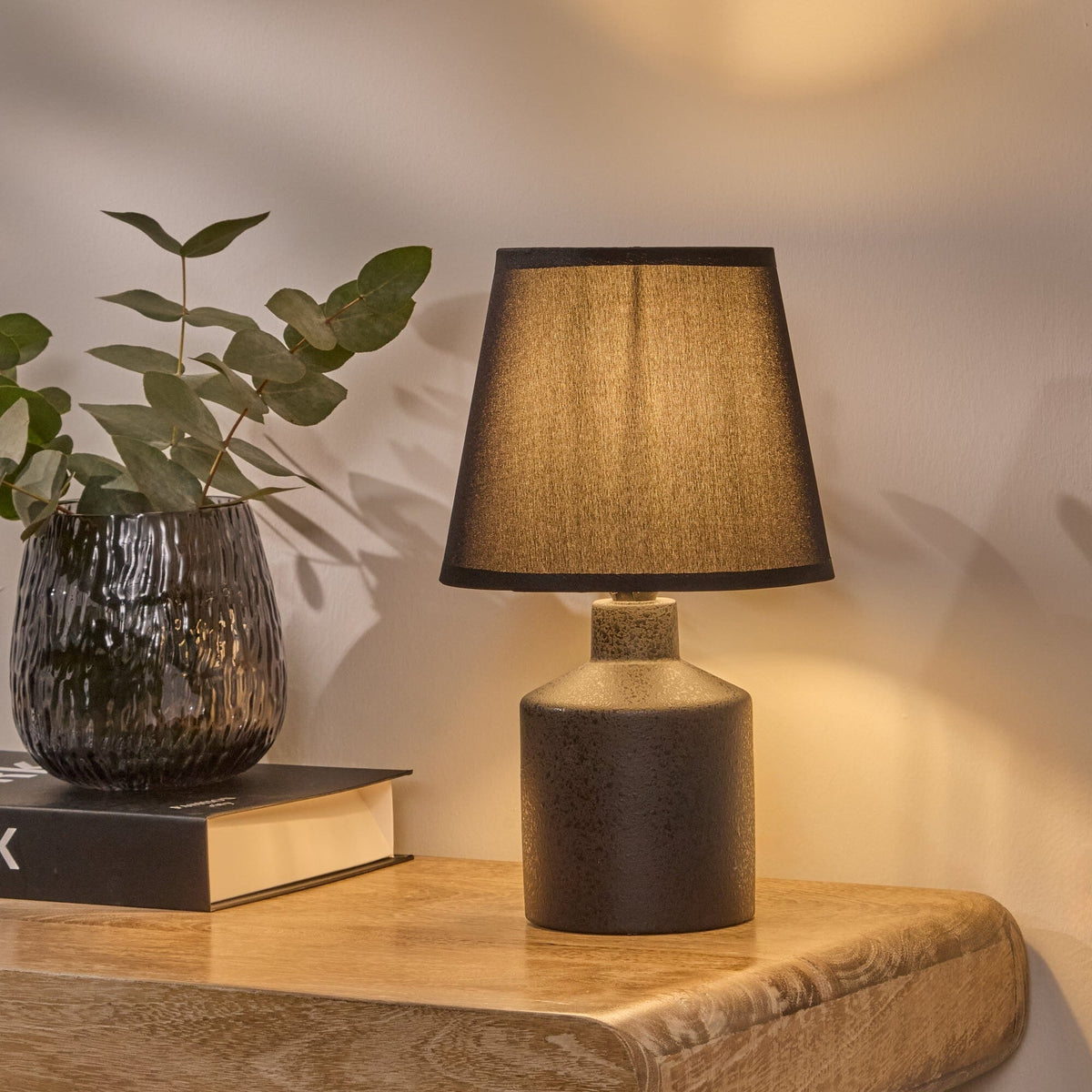 Amberley 28cm Ceramic Table Lamp - Black with Grey Polyester Shade - Laura James