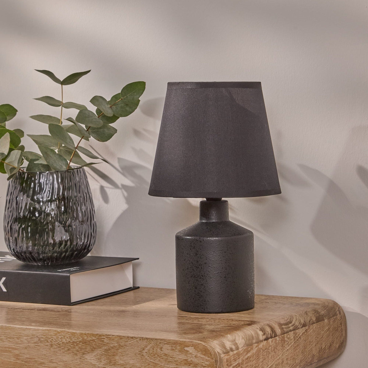 Amberley 28cm Ceramic Table Lamp - Black with Grey Polyester Shade - Laura James