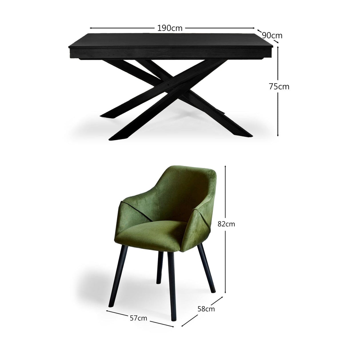 Amelia Black Dining Table Set - 6 Seater - Freya Fern Green Carver Chairs with Black Legs - Laura James