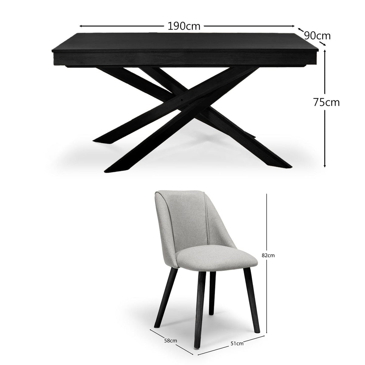 Amelia Black Dining Table Set - 6 Seater - Freya Fossil Dining Chairs with Black Legs - Laura James
