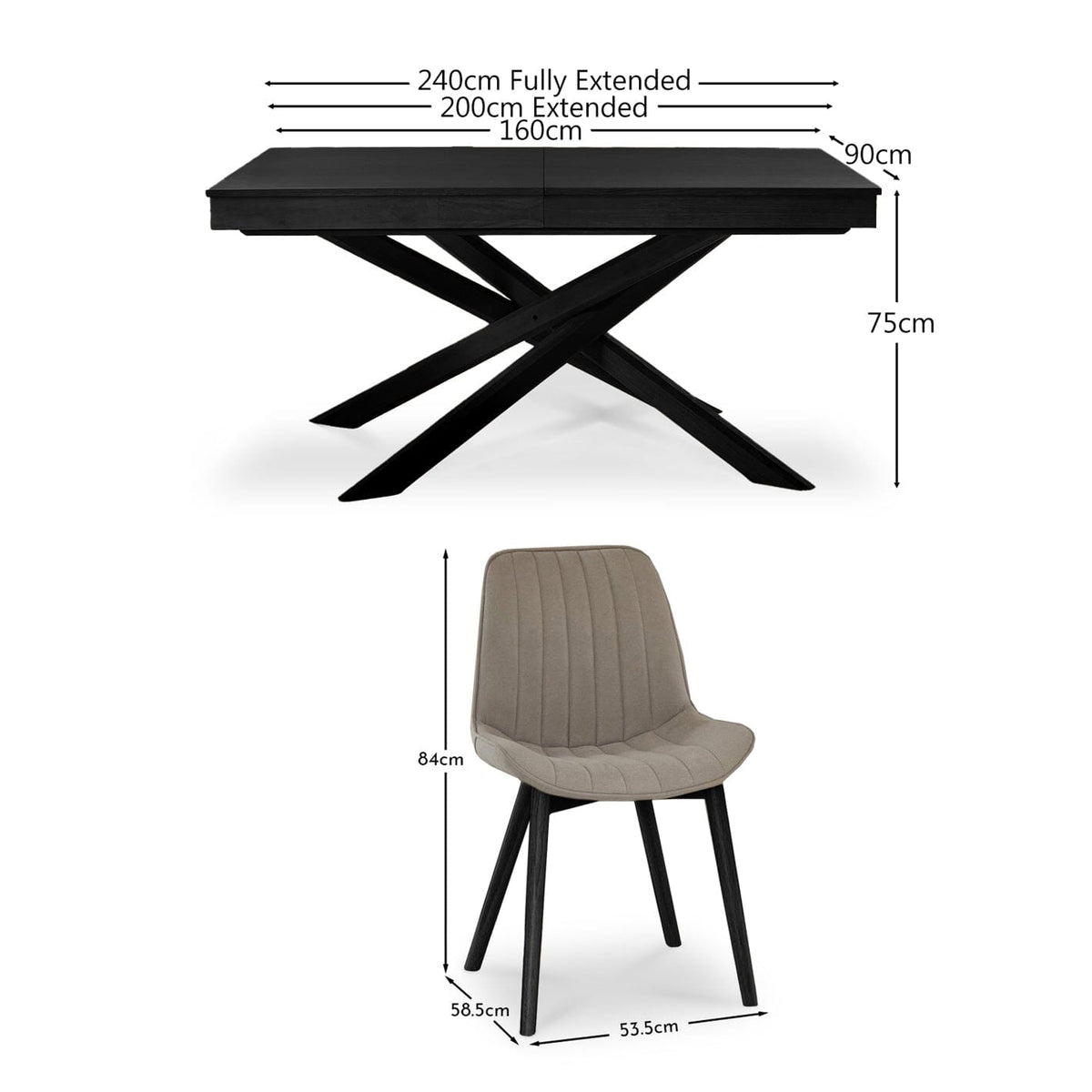 Amelia Black Dining Table Set - 6 Seater - Bella Soft Beige Dining Chairs - Black Legs - Laura James