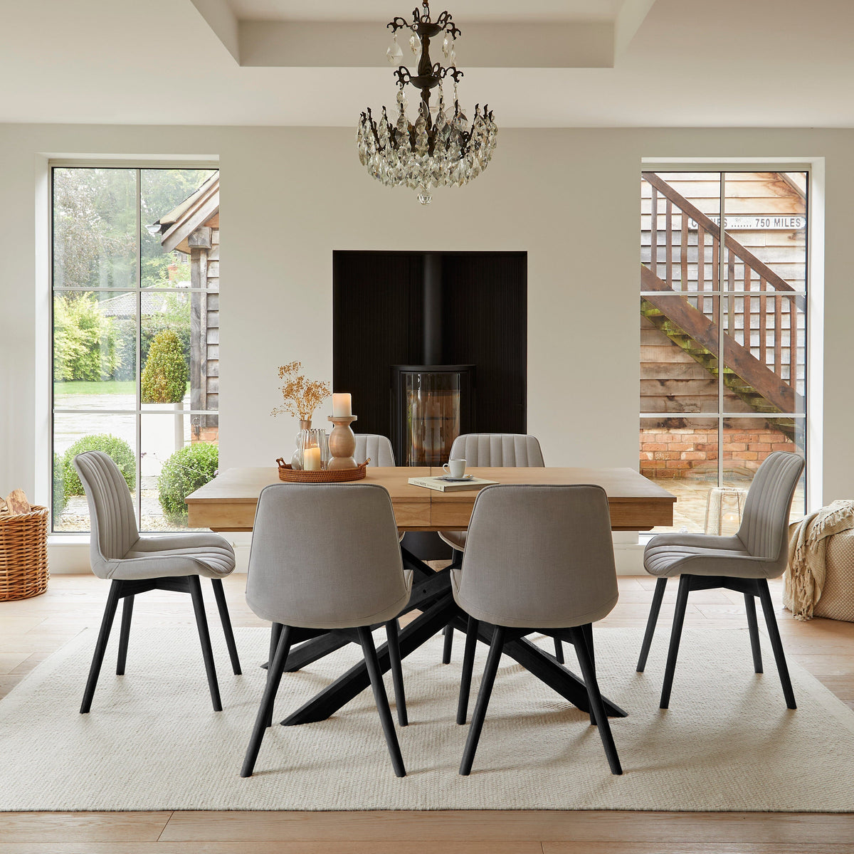Amelia Whitewash Extending Dining Table Set - 6 Seater - Bella Dining Chairs - Black Legs = Laura James