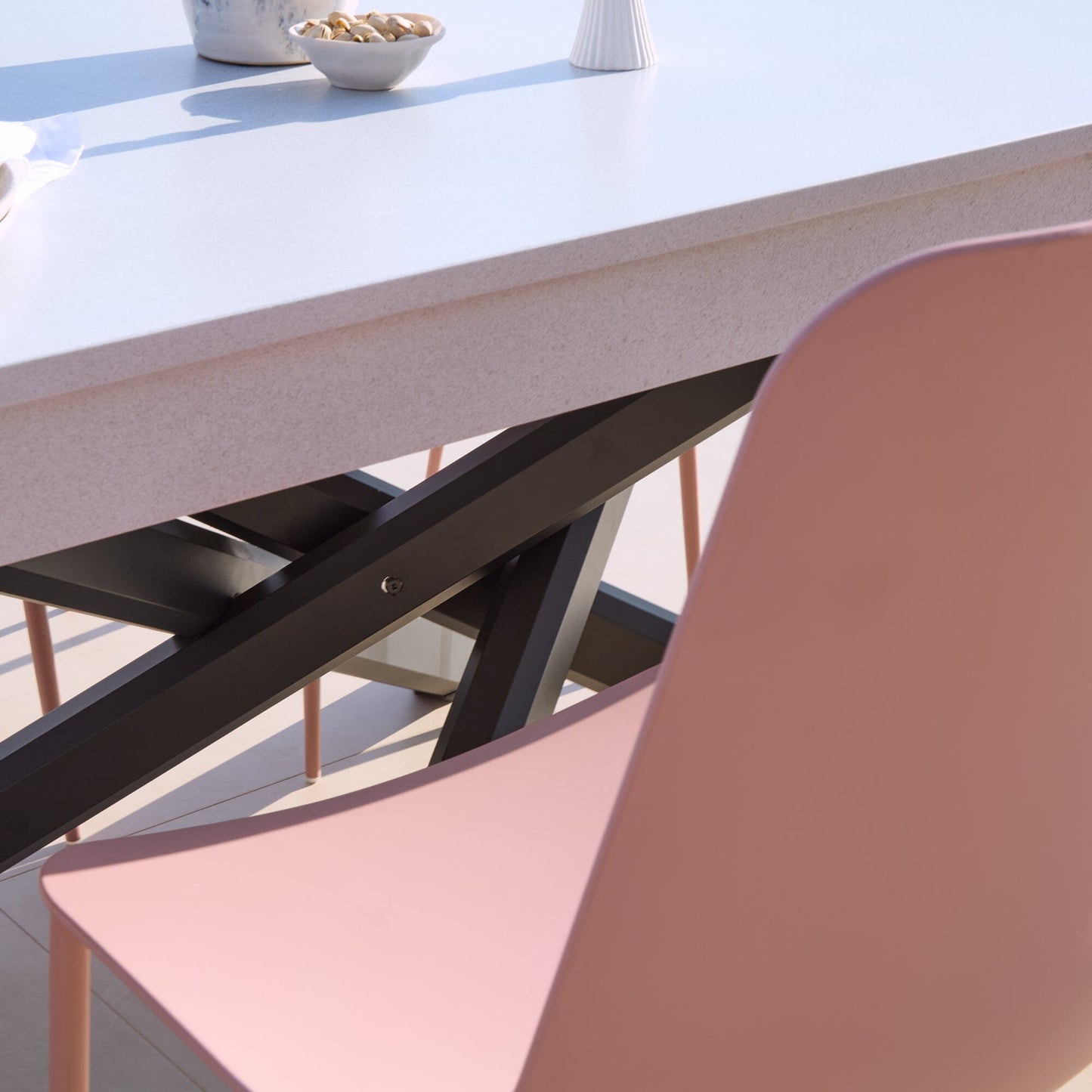 Amelia 6 Seater Pale Grey Concrete Garden Dining Set with Wren Dusty Pink Chairs - Laura James