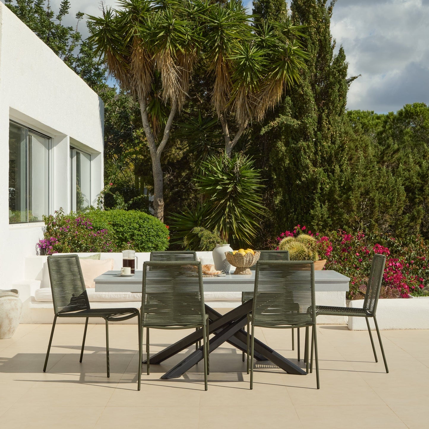 Amelia 6 Seater Pale Grey Concrete Garden Dining Set with Ryder Khaki Chairs - Laura James