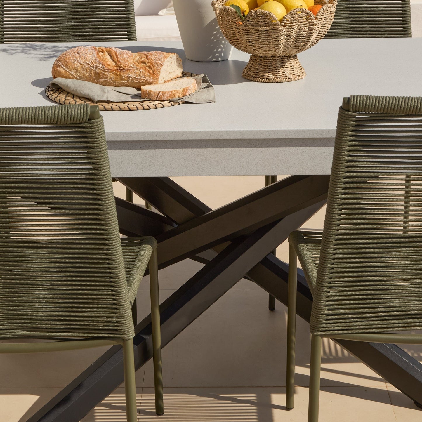 Amelia 6 Seater Pale Grey Concrete Garden Dining Set with Ryder Khaki Chairs - Laura James