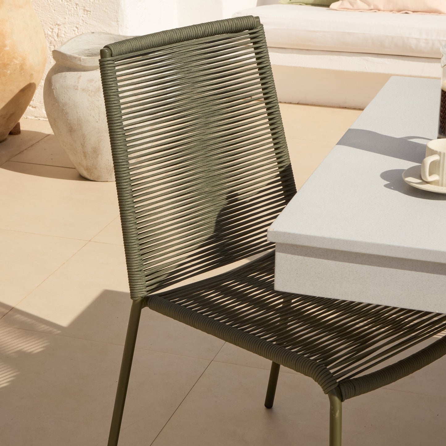 Amelia 6 Seater Pale Grey Concrete Garden Dining Set with Ryder Khaki Chairs - Laura James