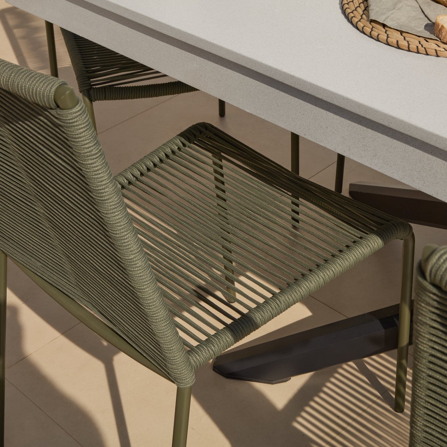 Amelia 6 Seater Pale Grey Concrete Garden Dining Set with Ryder Khaki Chairs - Laura James