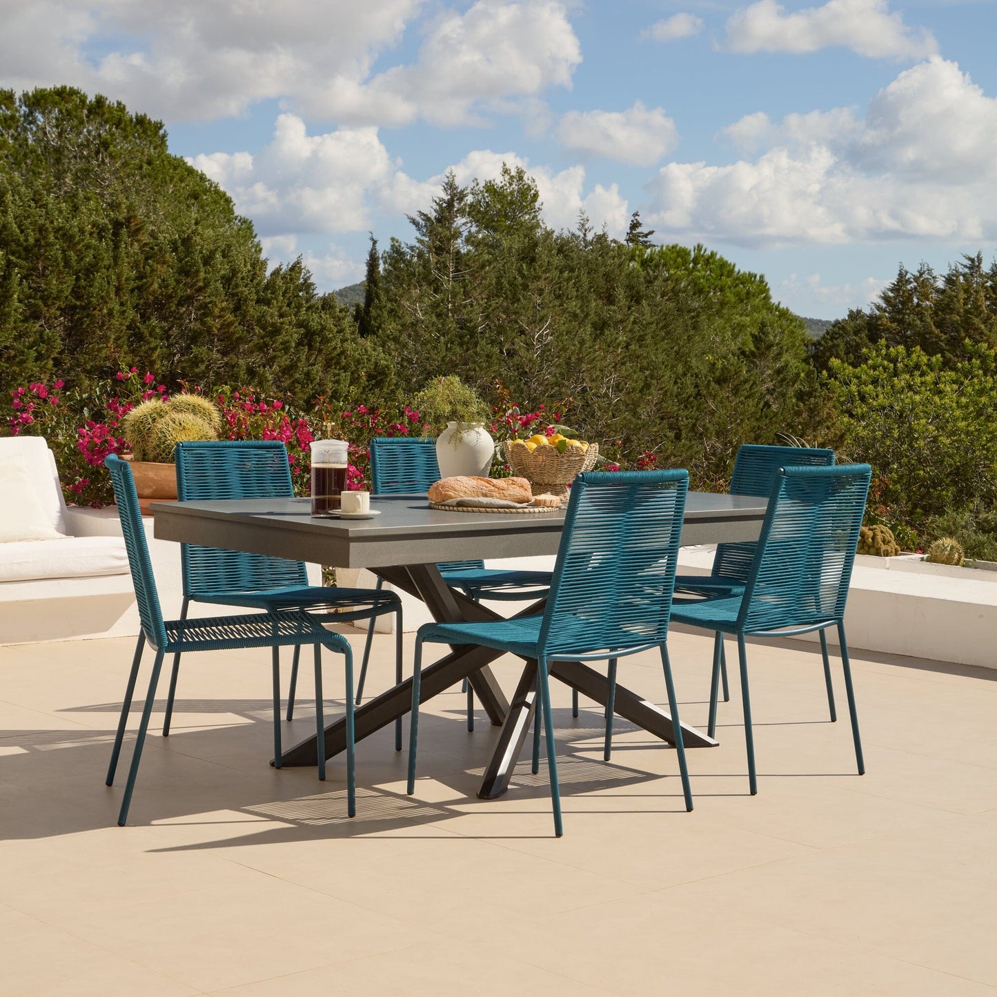 Amelia 6 Seater Dove Grey Concrete Garden Dining Set with Ryder Teal Chairs - Laura James