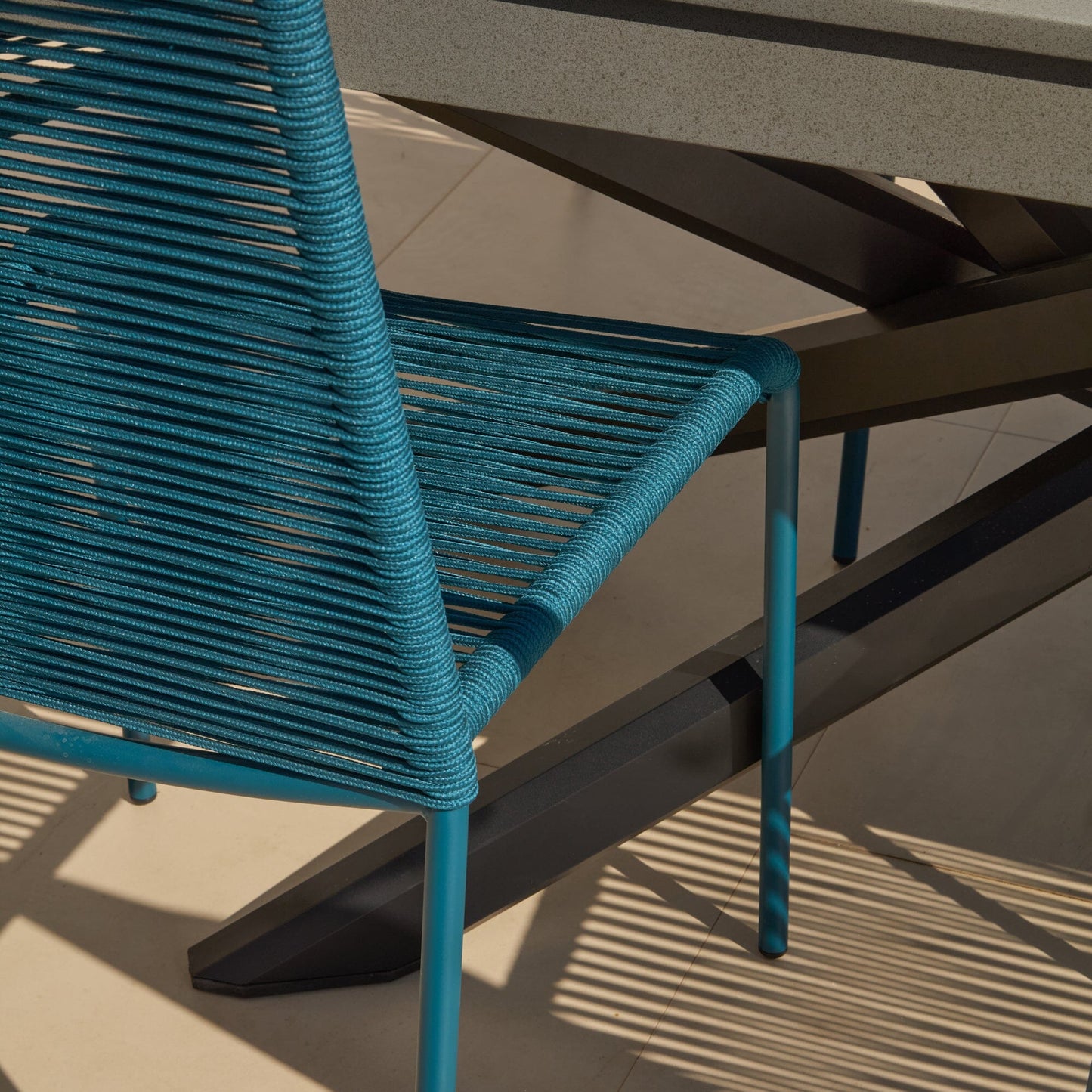 Amelia 6 Seater Dove Grey Concrete Garden Dining Set with Ryder Teal Chairs - Laura James