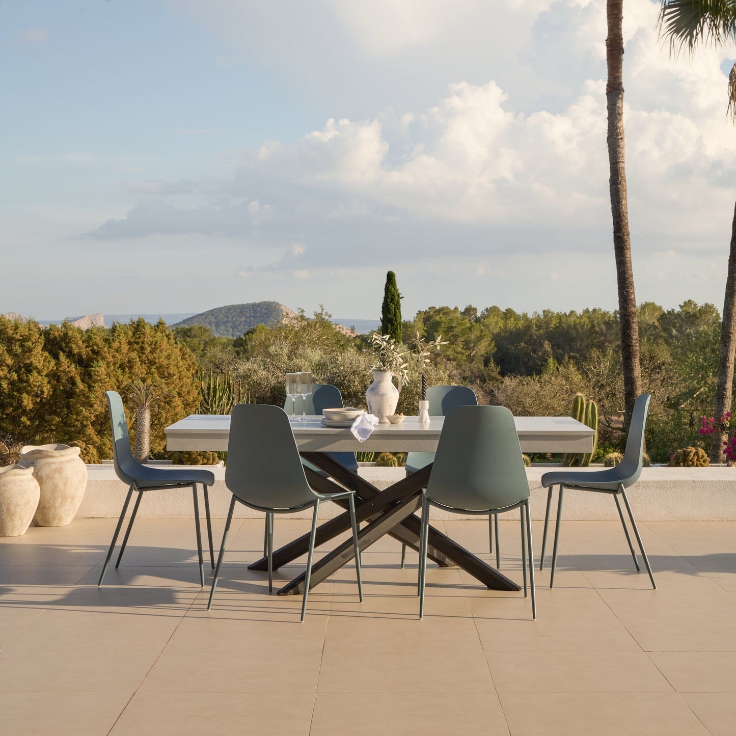 Amelia 6 Seater Pale Grey Concrete Garden Dining Set with Wren Denim Blue Chairs - Laura James