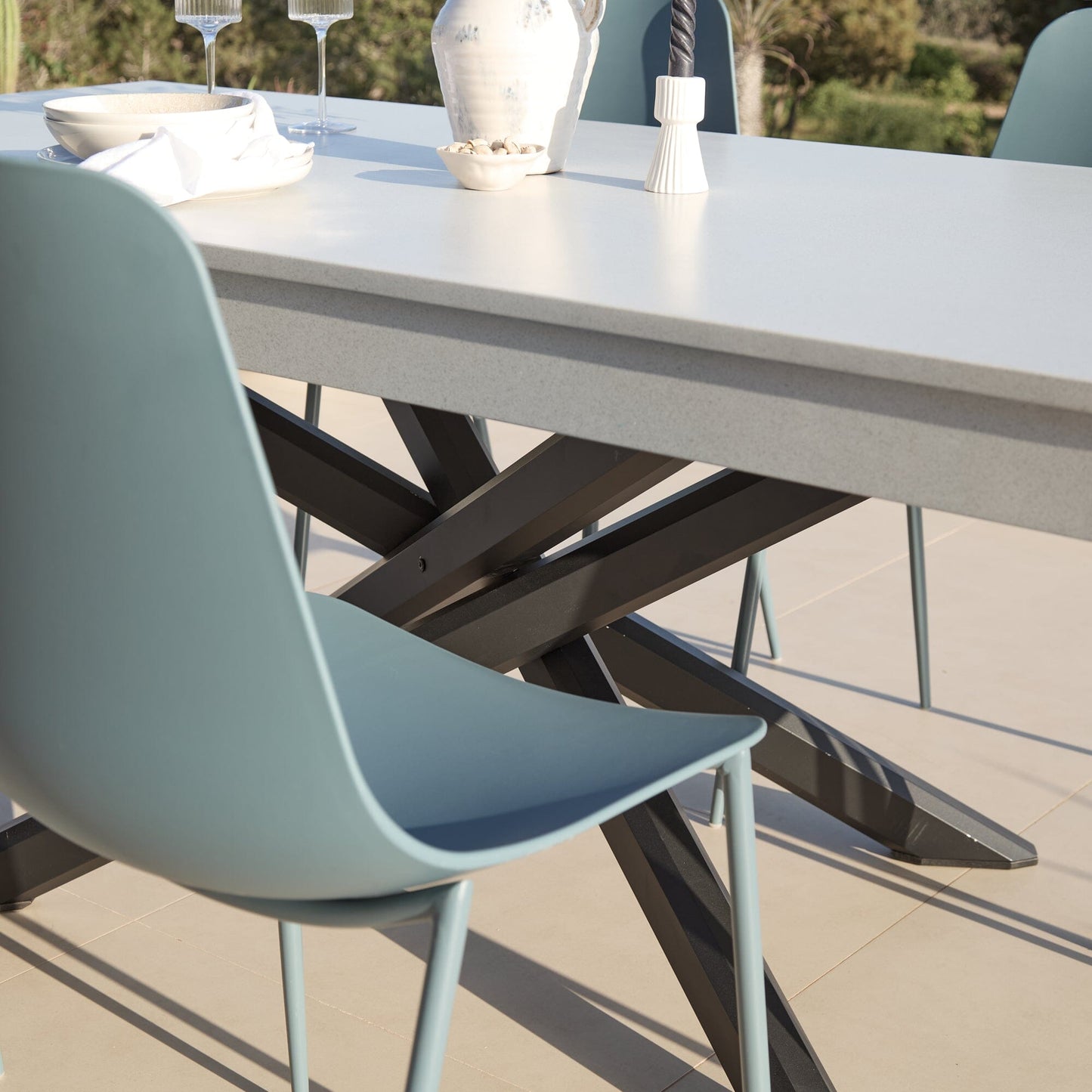 Amelia 6 Seater Pale Grey Concrete Garden Dining Set with Wren Denim Blue Chairs - Laura James