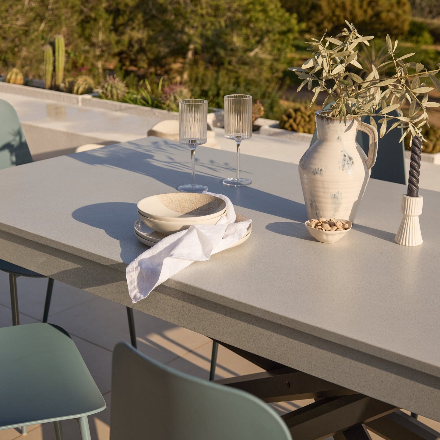Amelia 6 Seater Pale Grey Concrete Garden Dining Set with Wren Denim Blue Chairs - Laura James