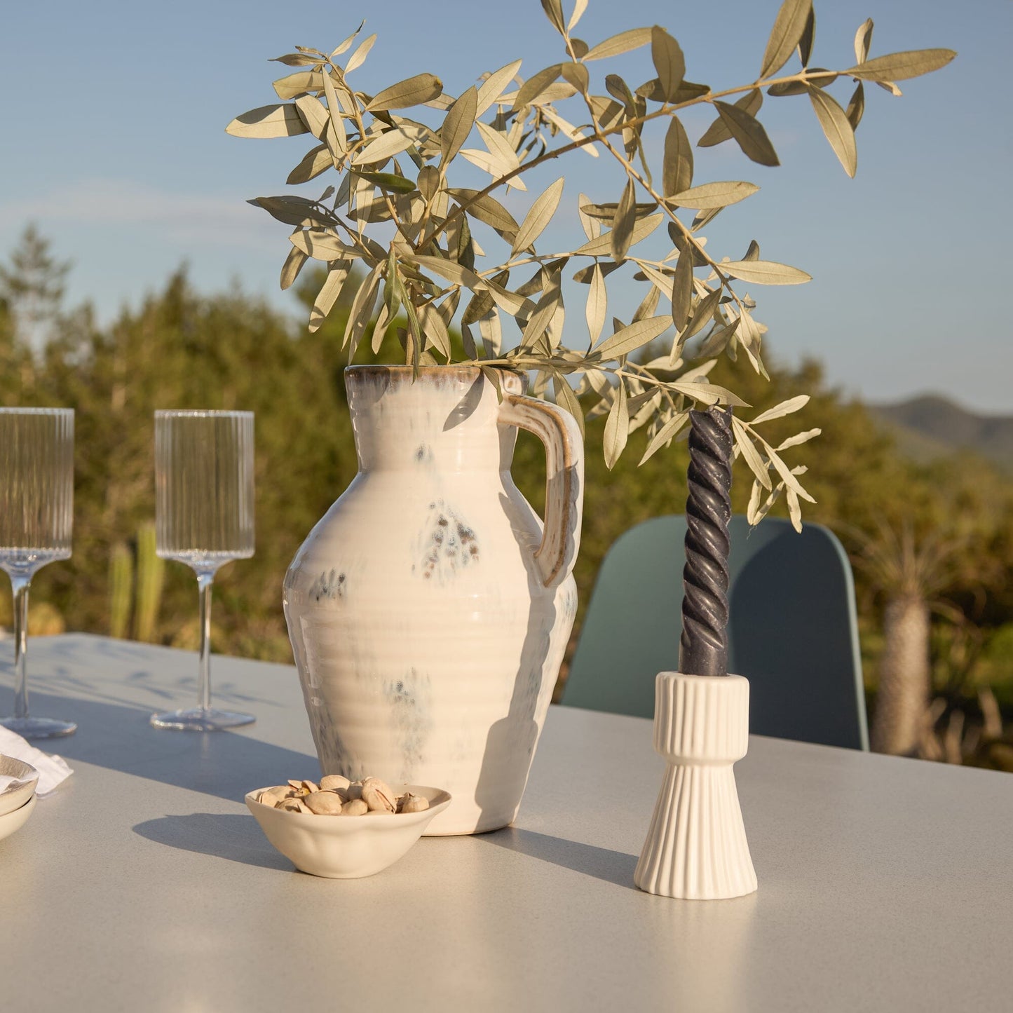 Amelia 6 Seater Pale Grey Concrete Garden Dining Set with Wren Denim Blue Chairs - Laura James