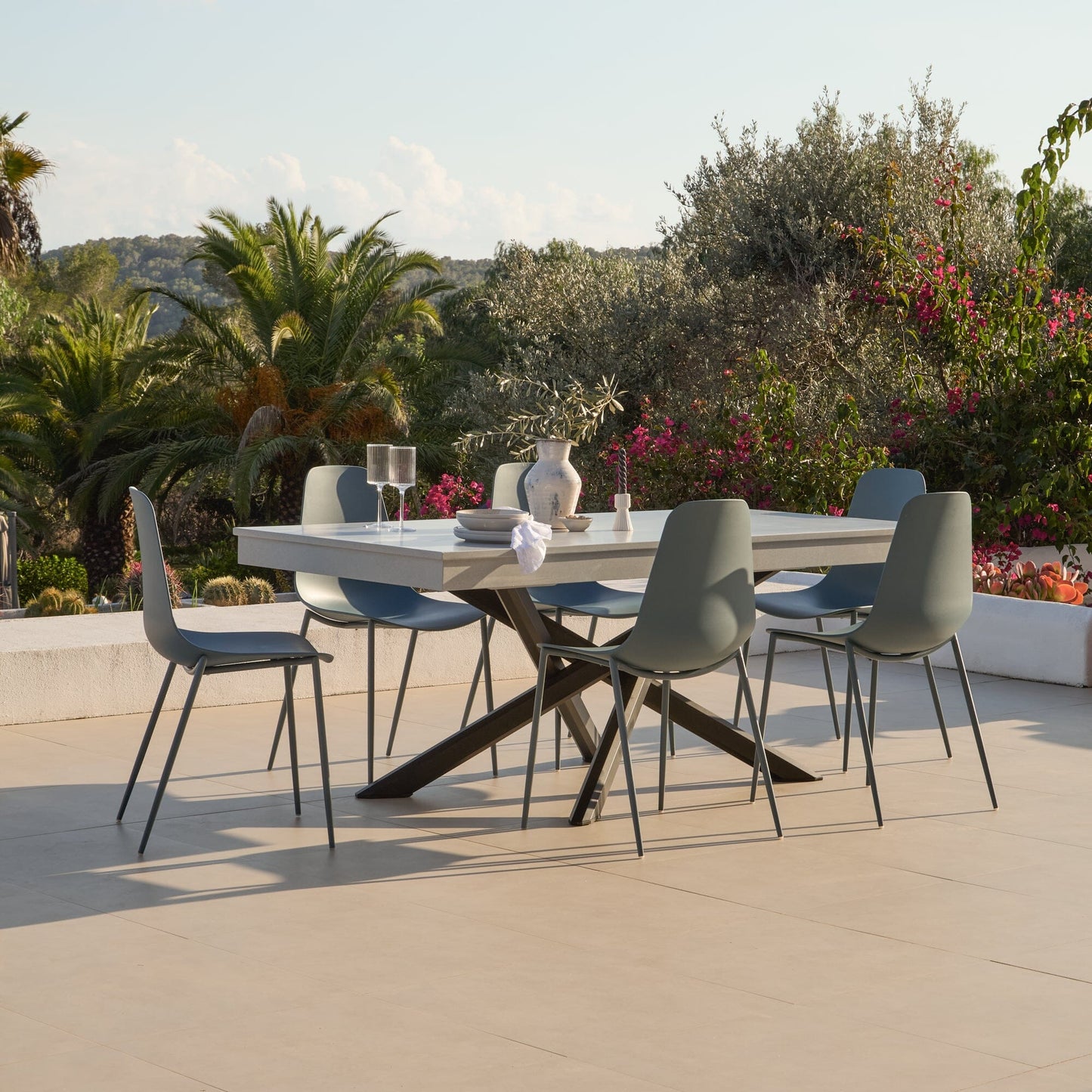 Amelia 6 Seater Pale Grey Concrete Garden Dining Set with Wren Denim Blue Chairs - Laura James