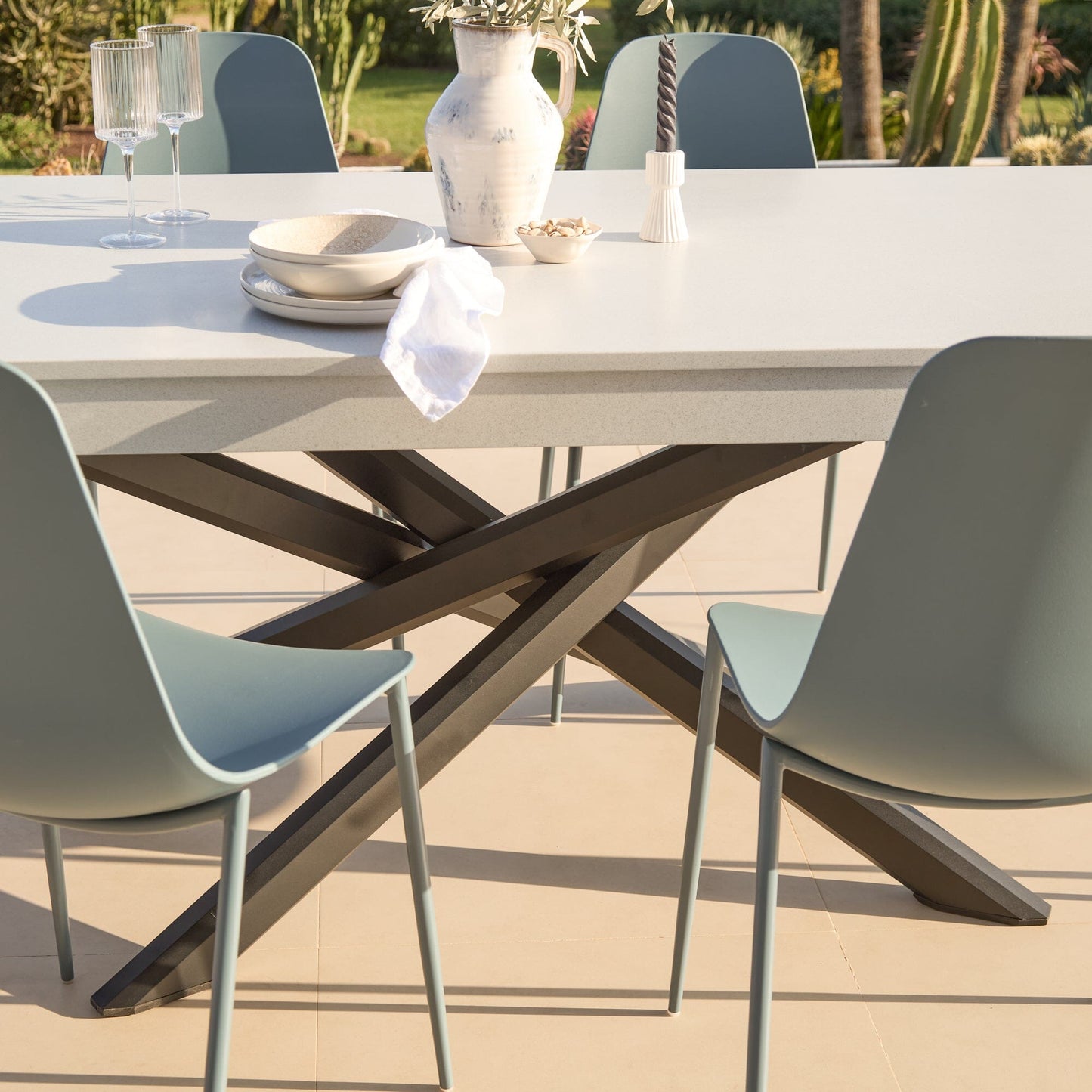 Amelia 6 Seater Pale Grey Concrete Garden Dining Set with Wren Denim Blue Chairs - Laura James