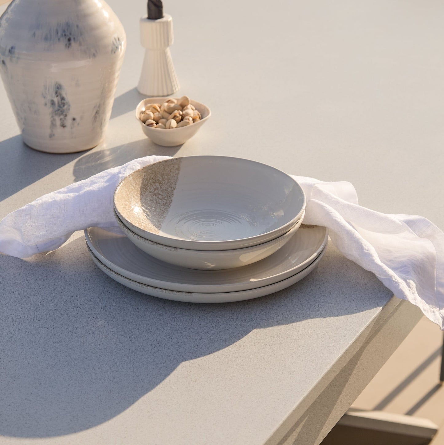 Amelia 6 Seater Pale Grey Concrete Garden Dining Set with Wren Denim Blue Chairs - Laura James