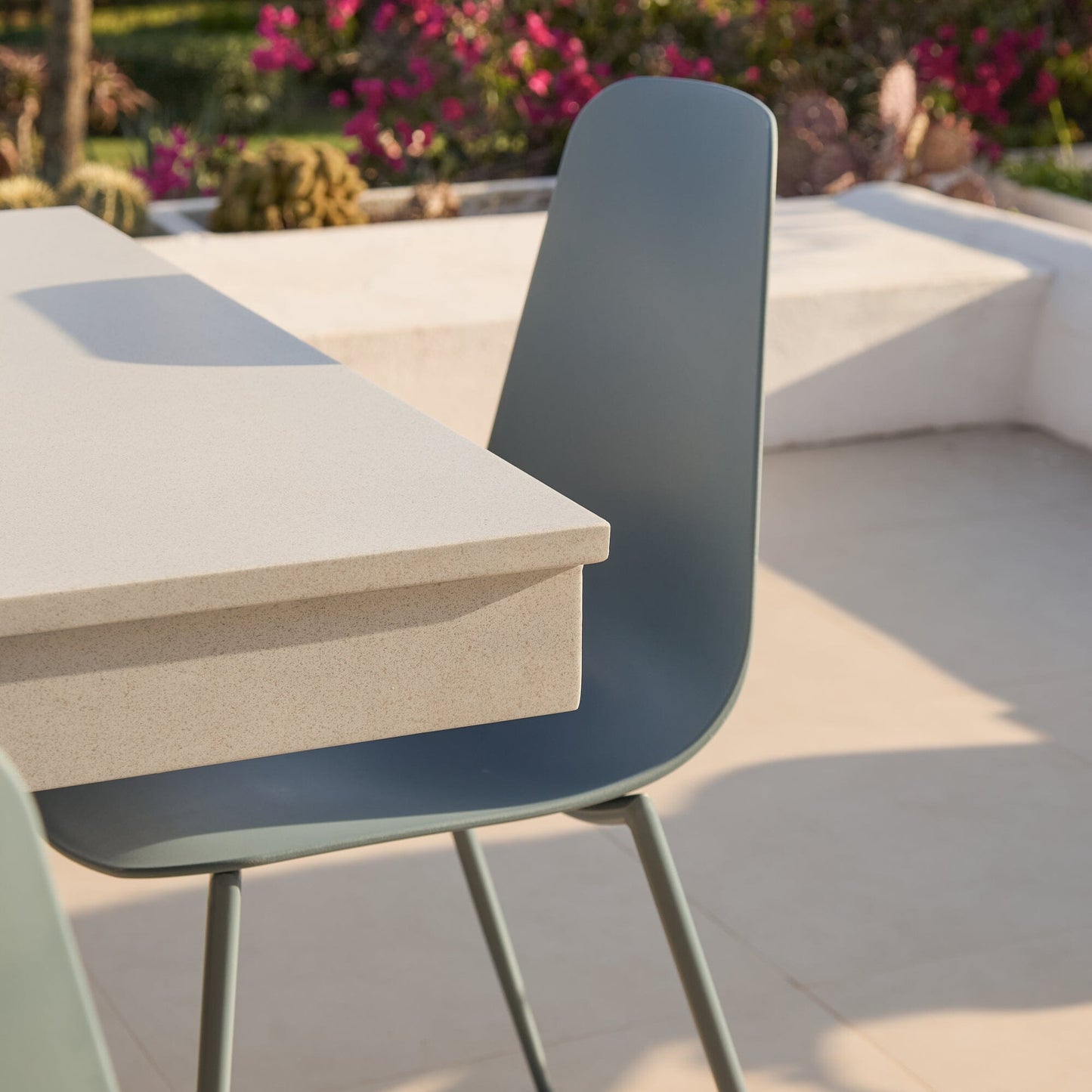 Amelia 6 Seater Pale Grey Concrete Garden Dining Set with Wren Denim Blue Chairs - Laura James