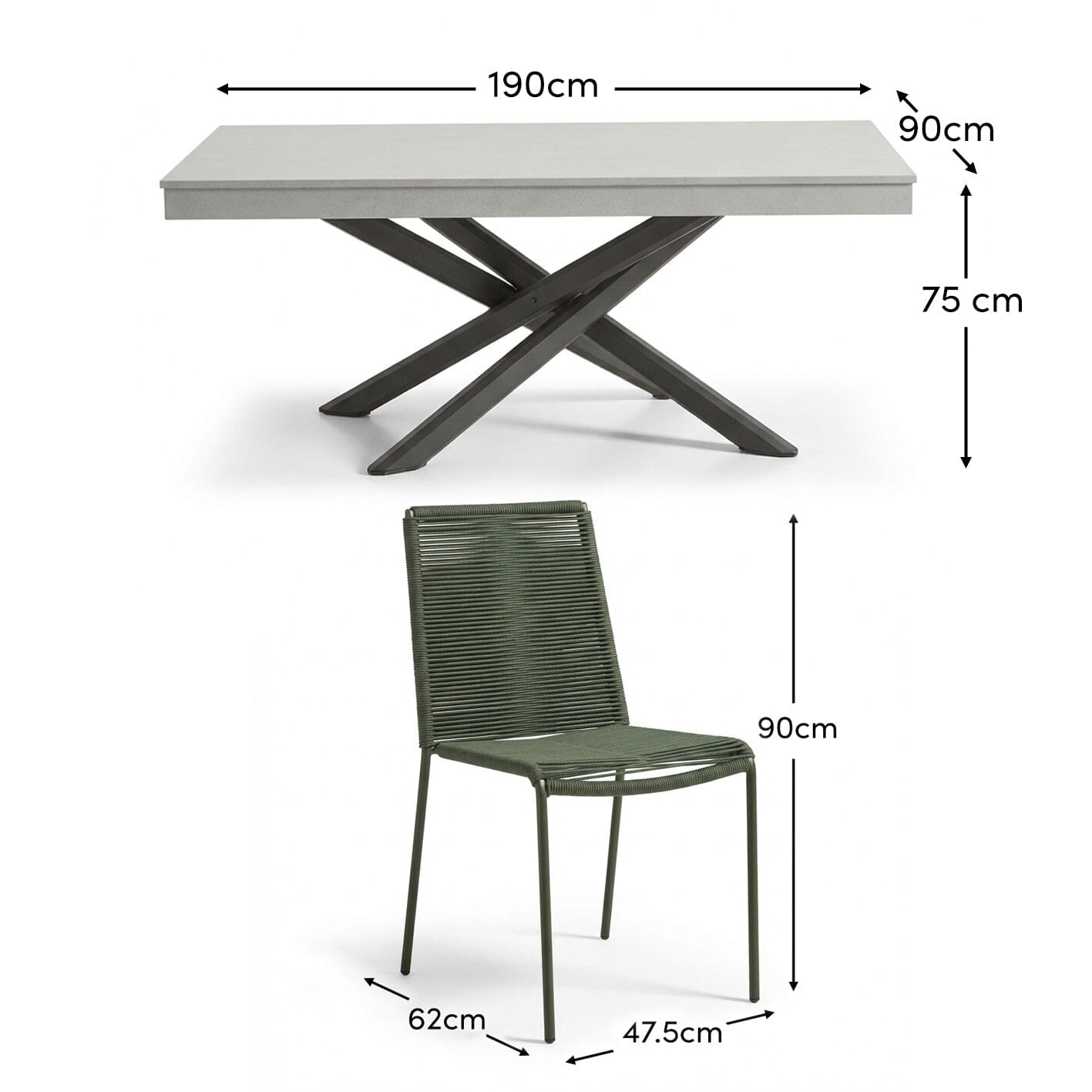 Amelia 6 Seater Pale Grey Concrete Garden Dining Set with Ryder Khaki Chairs - Laura James