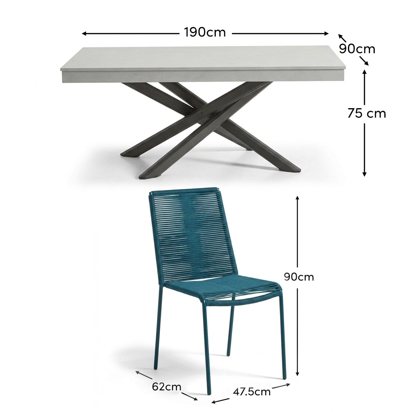 Amelia 6 Seater Pale Grey Concrete Garden Dining Set with Ryder Teal Chairs - Laura James
