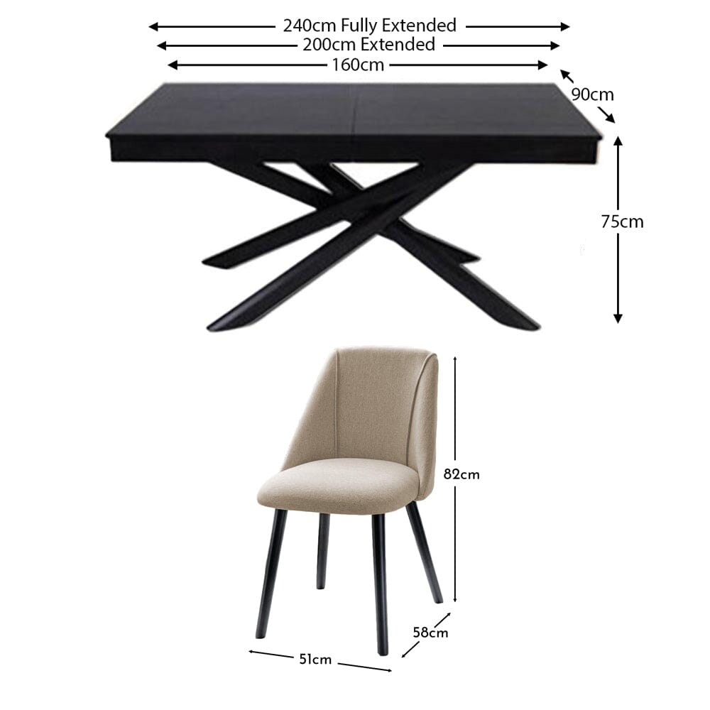 Amelia Black Extendable Dining Table Set - 6 Seater - Freya Oatmeal Dining Chairs With Black Legs - Laura James