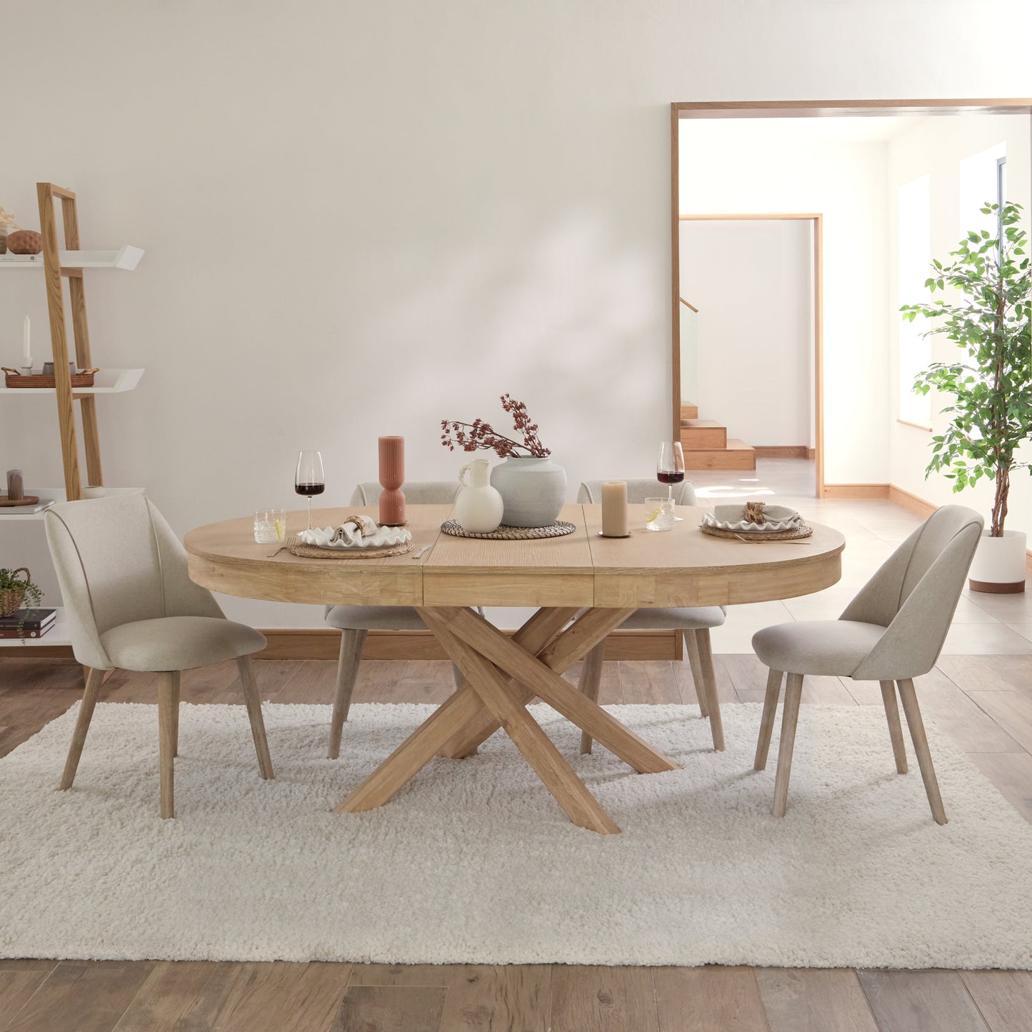 Amelia Whitewash Oval Extending Dining Table Set - 4 Seater - Freya Sand Dining Chair - Whitewash Oak Legs - Laura James