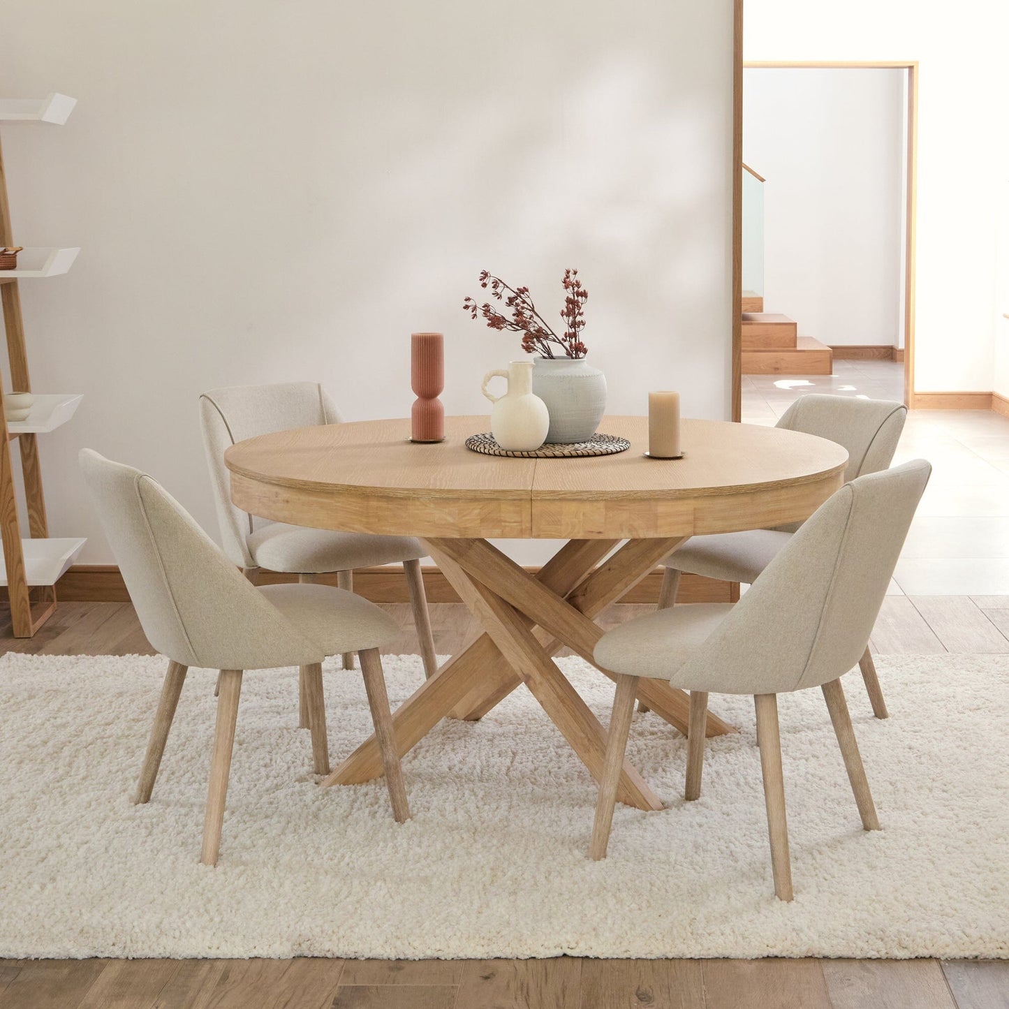 Amelia Whitewash Oval Extending Dining Table Set - 4 Seater - Freya Sand Dining Chair - Whitewash Oak Legs - Laura James