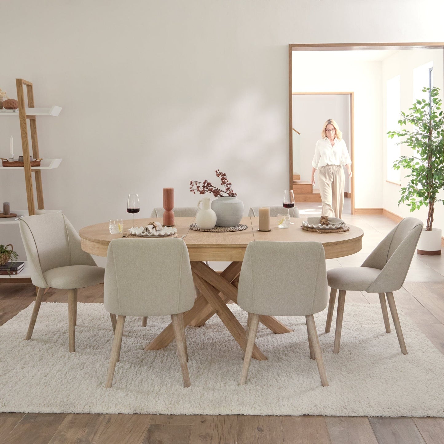 Amelia Whitewash Oval Extending Dining Table Set - 6 Seater - Freya Sand Dining Chair - Whitewash Oak Legs - Laura James