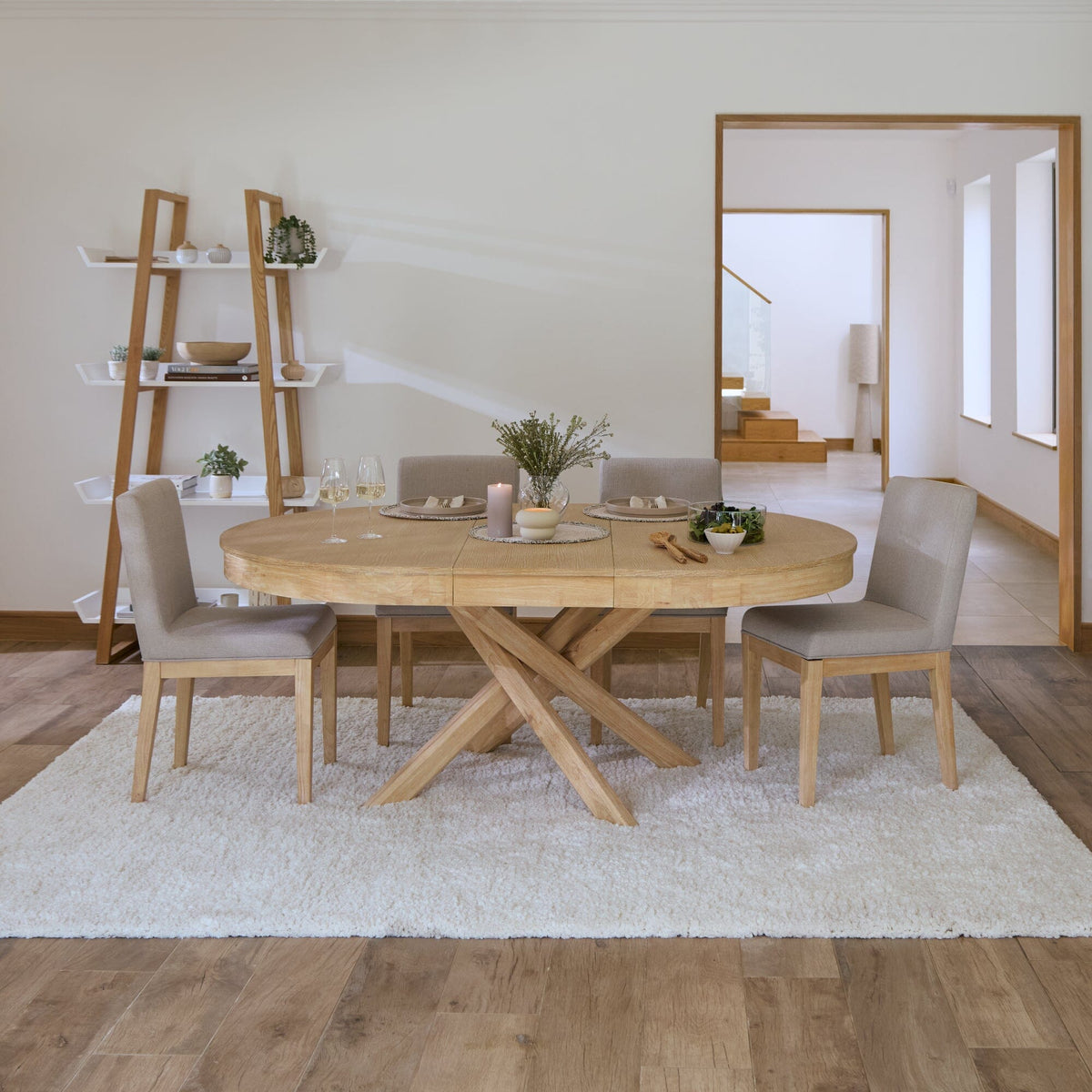 Amelia Whitewash Oval Extending Dining Table Set - 4 Seater - Nolan Fawn Linen Dining Chairs - Whitewash Oak Legs - Laura James